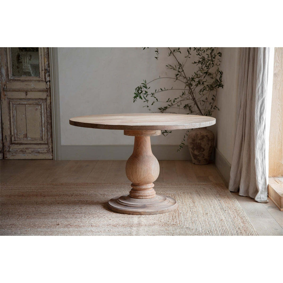 Laya Small Round Carved Mango Wood Dining Table - Natural