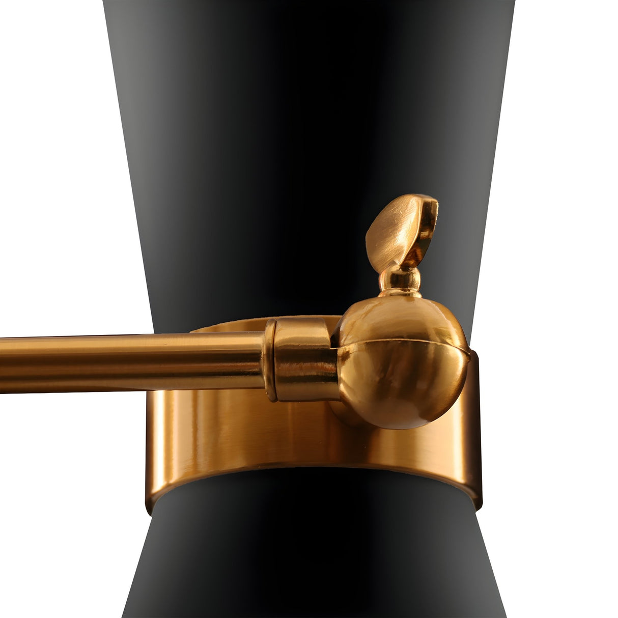 Close-up of the Ramses 3 Light Chandelier in Black, showcasing a matte black finish with gold metal accents and brass arms—ideal for adding ambient lighting to modern minimalist interiors against a white backdrop.