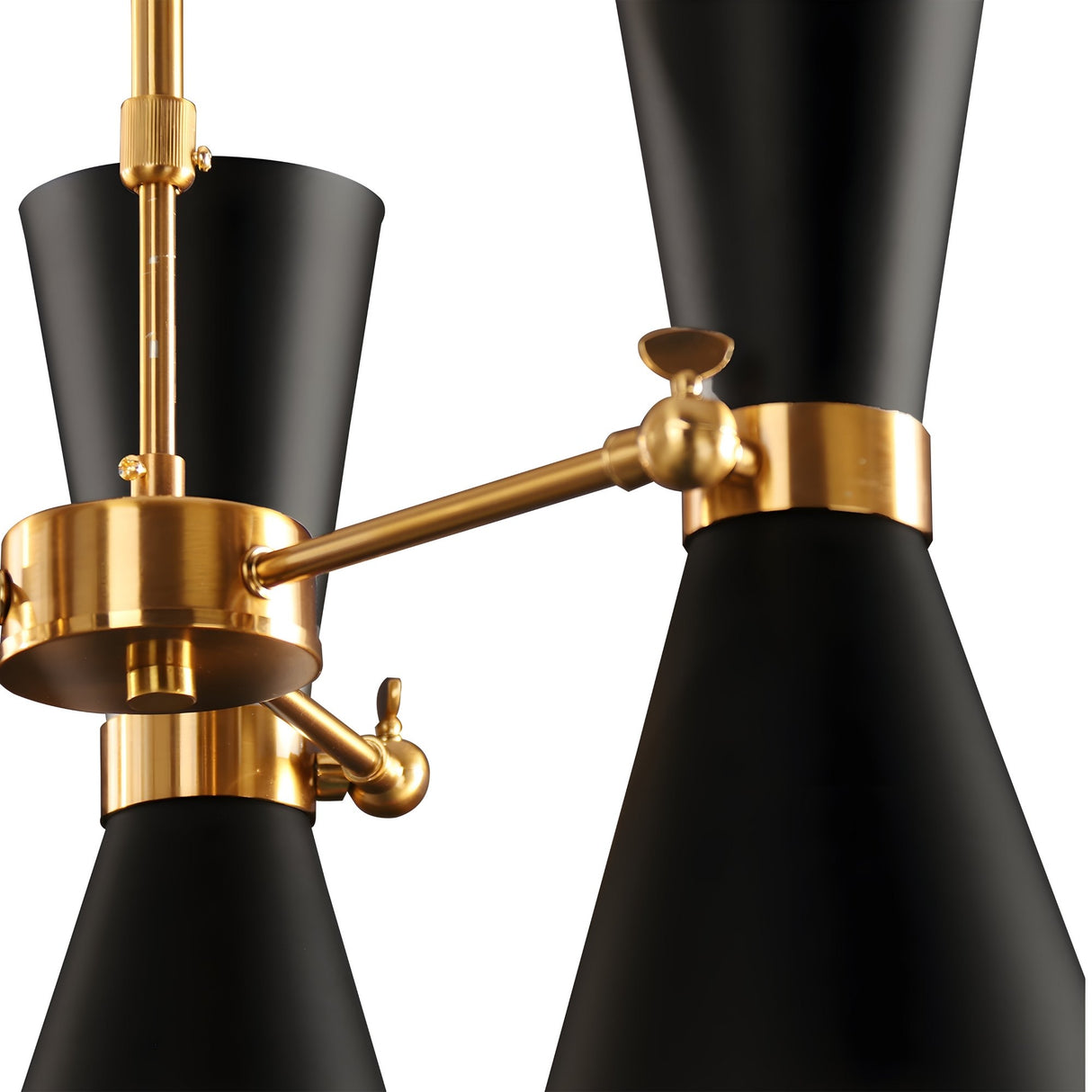 Close-up of the Ramses 3 Light Chandelier - Black, featuring black cone-shaped lampshades and gold accents in an industrial style that showcases modern minimalism and offers ambient lighting against a white background.