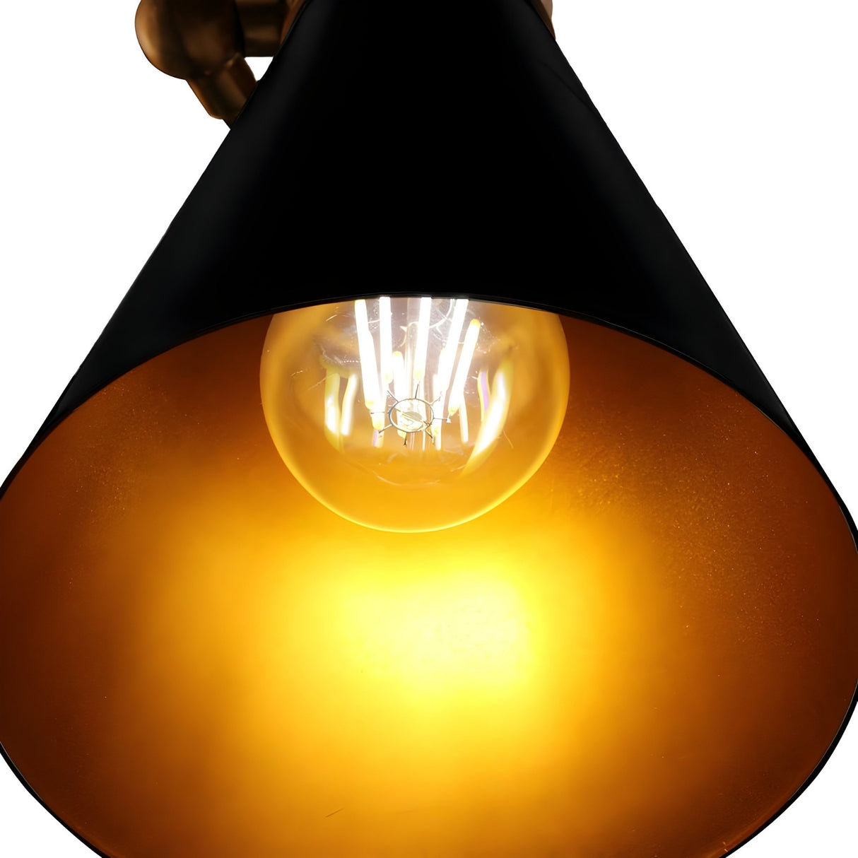 The Ramses 3 Light Chandelier - Black features lit bulbs within black metal shades with golden-yellow interiors, casting a warm, bright glow—ideal for bringing ambient lighting to modern minimalist spaces.