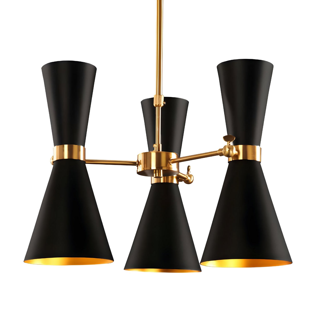The Ramses 3 Light Chandelier - Black features three black and gold cone-shaped lampshades in a triangular layout on a gold metal rod and base, offering modern minimalism and ambient lighting for any room.
