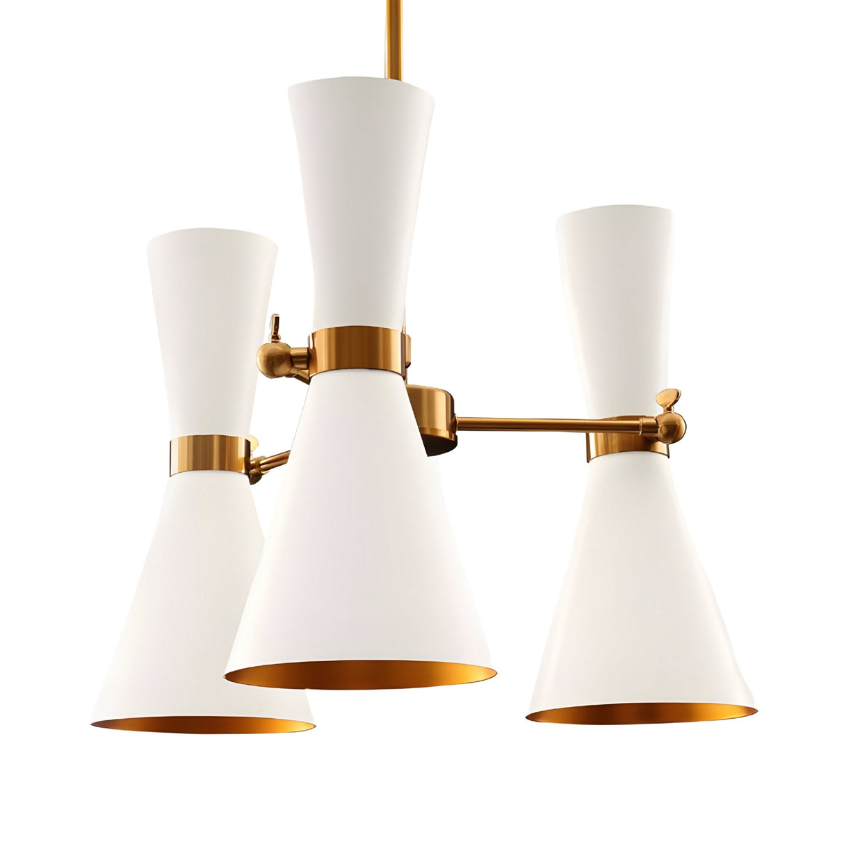 The Ramses 3 Light Chandelier - White features three cone-shaped white lampshades with gold interiors and metal accents, all joined by a central gold rod—ideal for adding minimalist, industrial style to your space.
