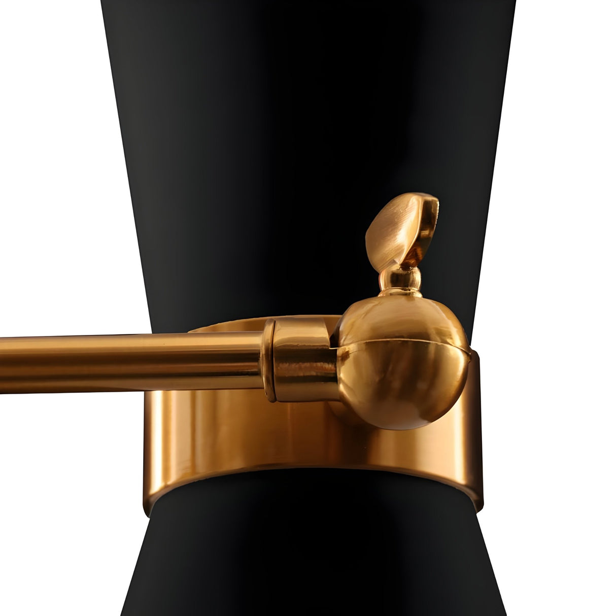 Close-up of the Ramses 5 Light Chandelier in matte black with shiny gold accents, highlighting its sleek industrial design and providing elegant ambient lighting against a plain background.