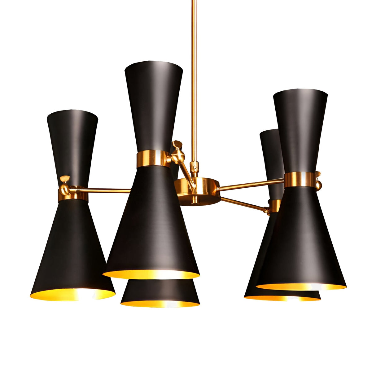 The Ramses 5 Light Chandelier - Black features five black cone-shaped shades with gold interiors, arranged around a central gold fixture and suspended by a gold rod for an elegant, modern look with ambient lighting.