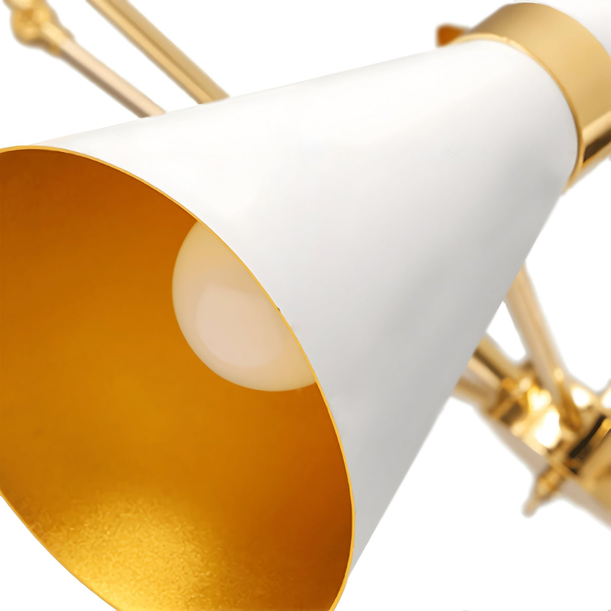 Close-up of the Ramses 5 Light Chandelier in white, showcasing its gold metal arms and white-gold conical lampshades with visible bulbs—ideal for contemporary interiors with chic, modern style.