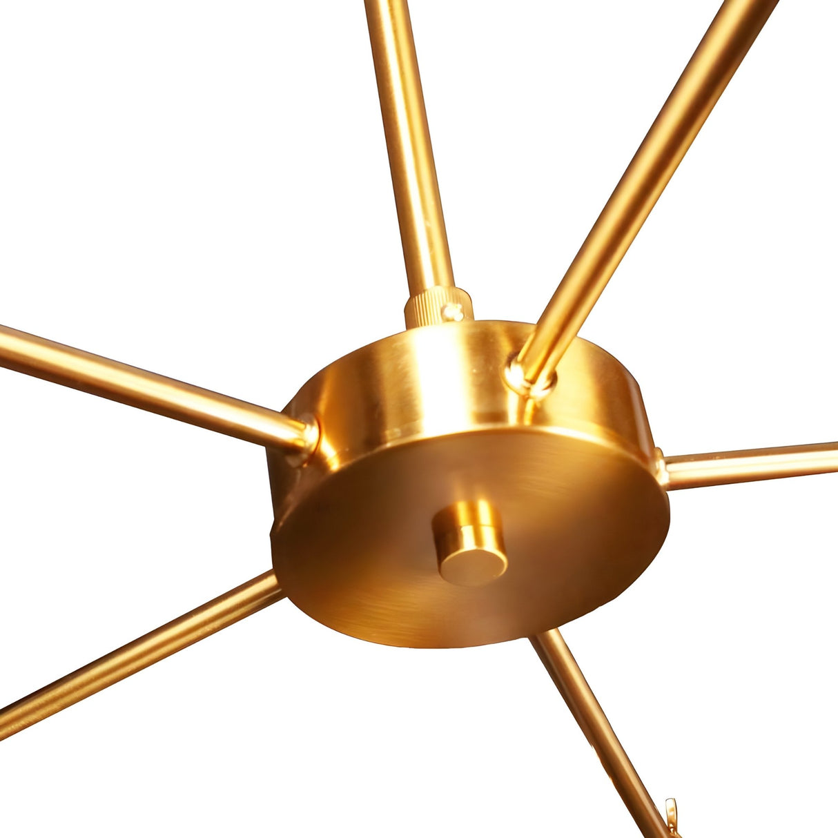 The Ramses 5 Light Chandelier - White features sleek rods extending from a central hub, offering striking ambient lighting and a modern touch to contemporary interiors against a white background.