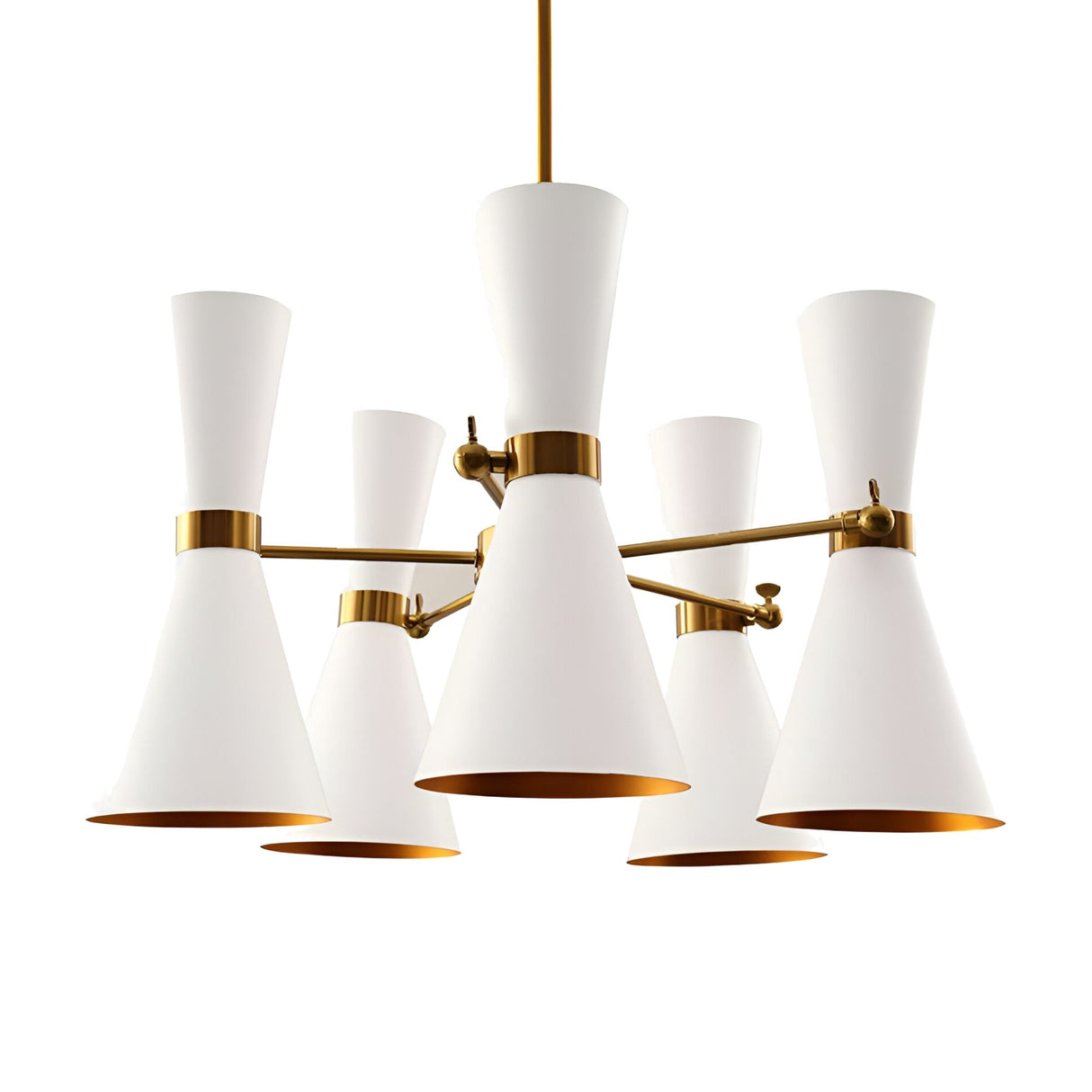 The Ramses 5 Light Chandelier features five white cone-shaped lampshades on gold-finished metal arms and a central rod, arranged in a circular design—ideal for adding modern ambient lighting to any contemporary interior.
