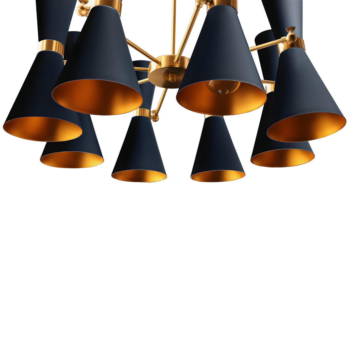 The Ramses 8 Light Chandelier - Black showcases modern elegance with its black cone-shaped shades lined in gold, all attached to a central gold fixture for a striking look.