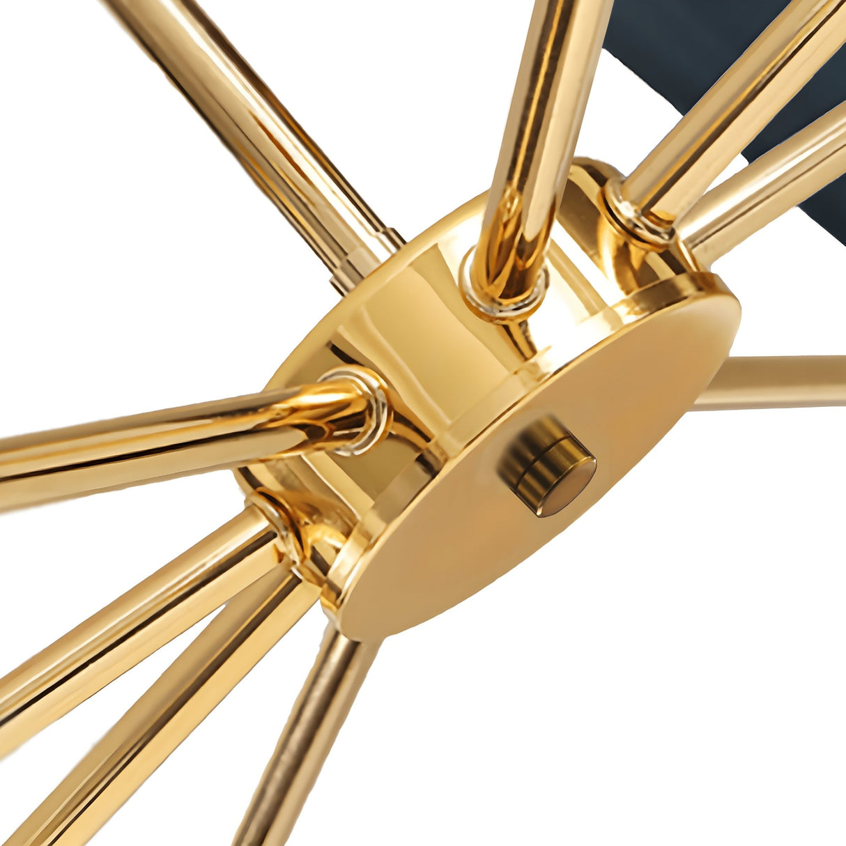 Close-up of a black metallic hub with multiple shiny rods extending outward, capturing the industrial aesthetics and modern sophistication of the Ramses 8 Light Chandelier - Black.