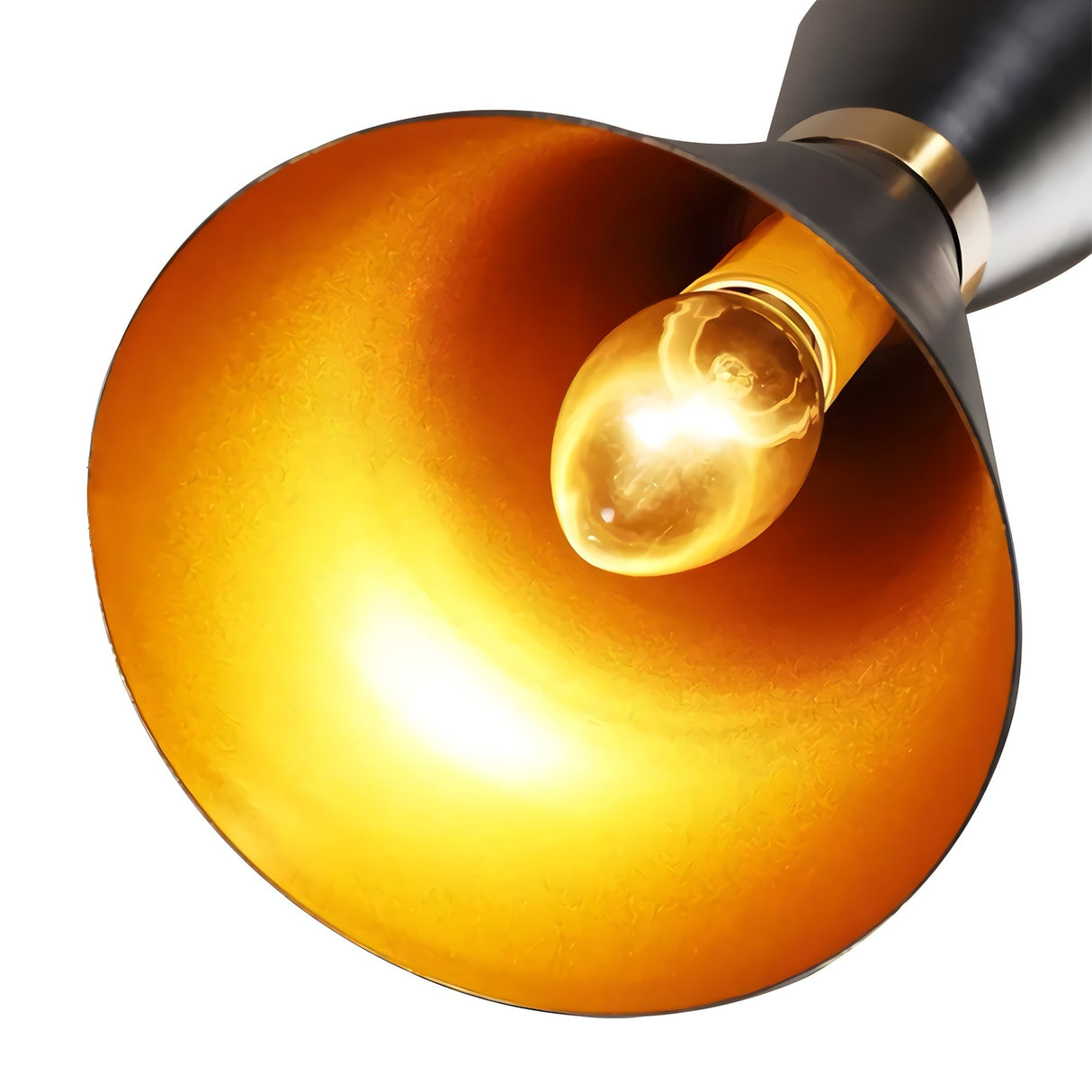 Close-up of the Ramses 8 Light Chandelier in black, showing its lit bulbs glowing warmly inside a black and gold metallic frame, photographed from below against a white background to highlight its modern elegance.