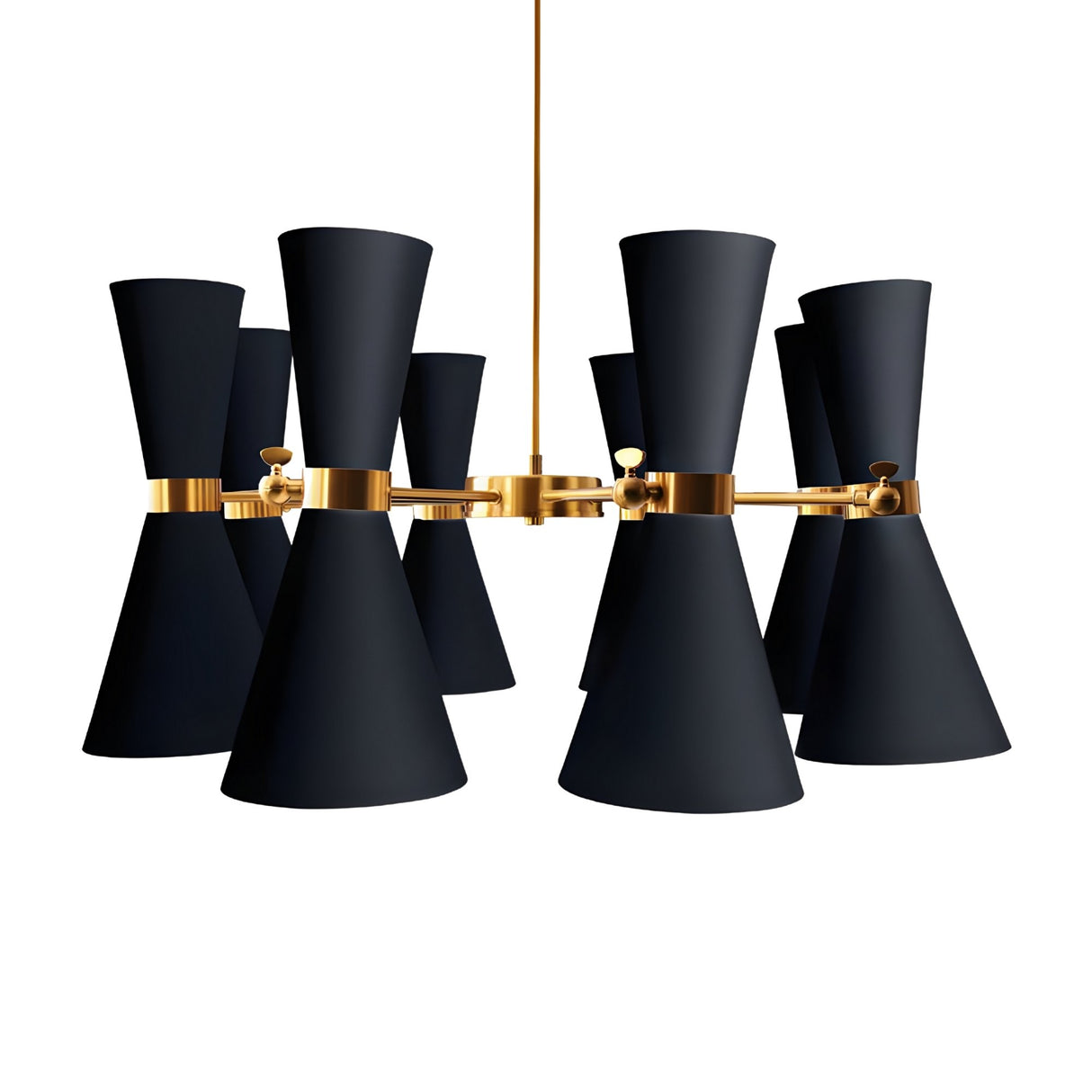 The Ramses 8 Light Chandelier - Black features eight black cone lampshades around a gold frame, suspended by a sleek gold rod for a modern, sophisticated look.