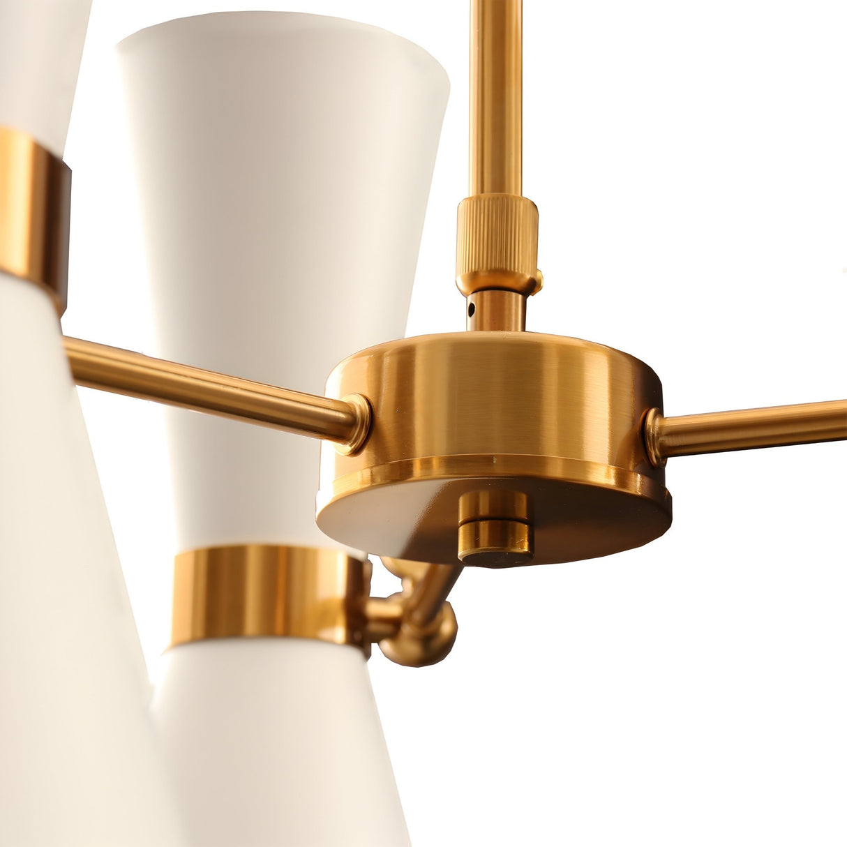 Close-up of the Ramses 8 Light Chandelier - White, featuring a brushed gold metal frame, white cone-shaped lampshades, and sleek cylindrical rods—an elegant minimalist design ideal for modern interiors.