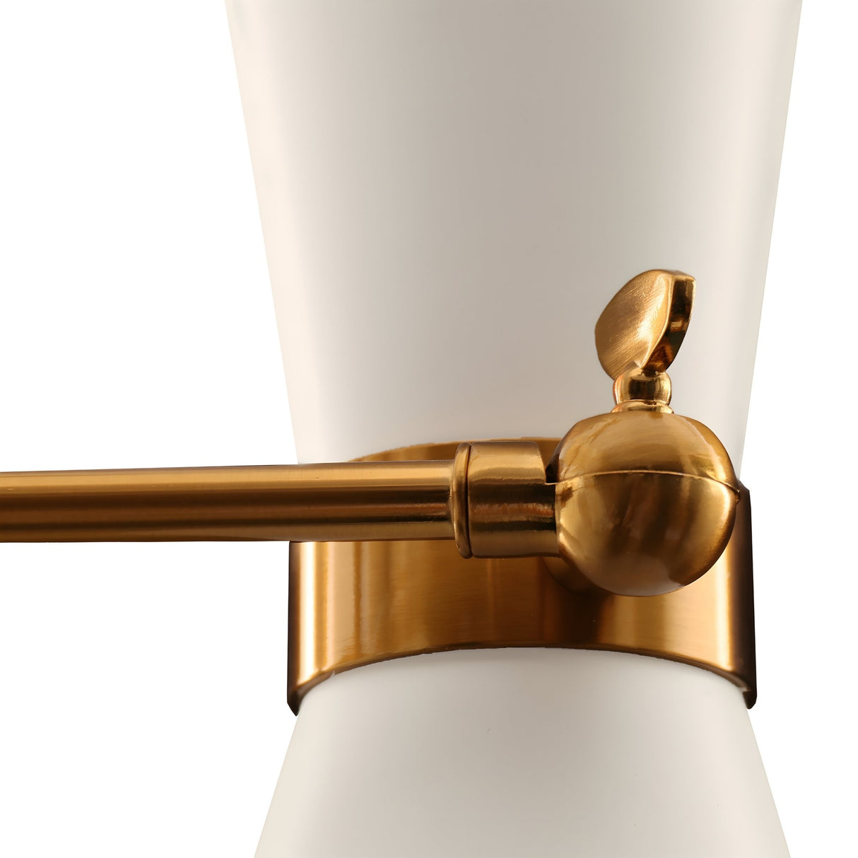 Close-up of an elegant lighting fixture with a white conical shade and brushed gold arm and base—its refined style echoes the Ramses 8 Light Chandelier - White, making it perfect for modern interiors.