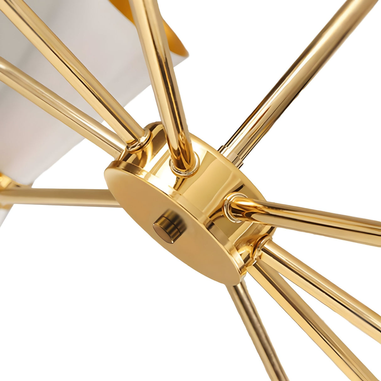 Close-up of the Ramses 8 Light Chandelier - White, featuring a glossy metallic finish with multiple rods radiating from a central hub—an elegant fixture ideal for modern interiors, shown against a white background.