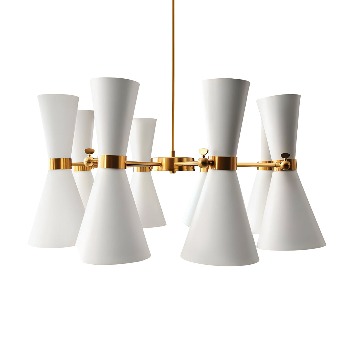 The Ramses 8 Light Chandelier - White features eight white, cone-shaped shades arranged in a circle on a central gold fixture and suspended by a gold rod, adding elegant modern lighting to any contemporary space.