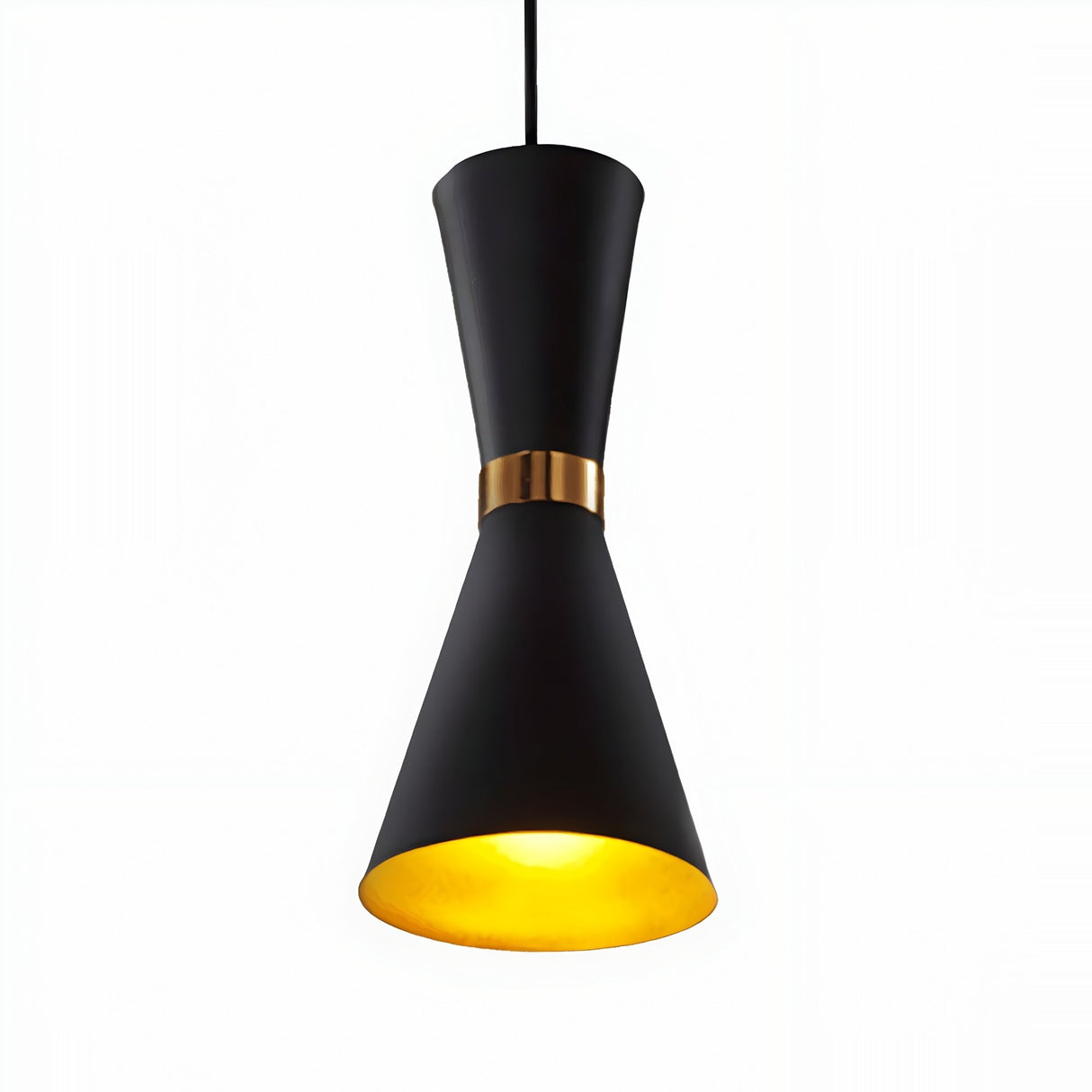 The Ramses Pendant Light - Black is a modern cone-shaped fixture with an hourglass silhouette and gold accent band. Its design emits a warm yellow glow, creating an inviting ambiance in any space.