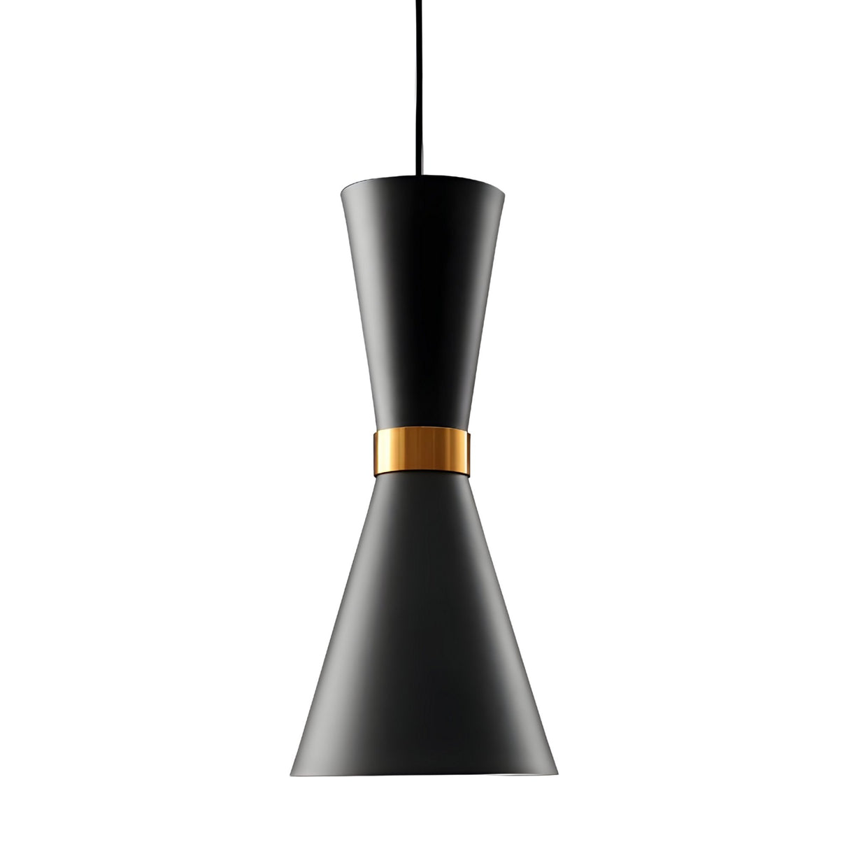 The Ramses Pendant Light - Black features a modern double-cone black metal design with a gold accent band at the center, suspended by a black cord against a plain white background.