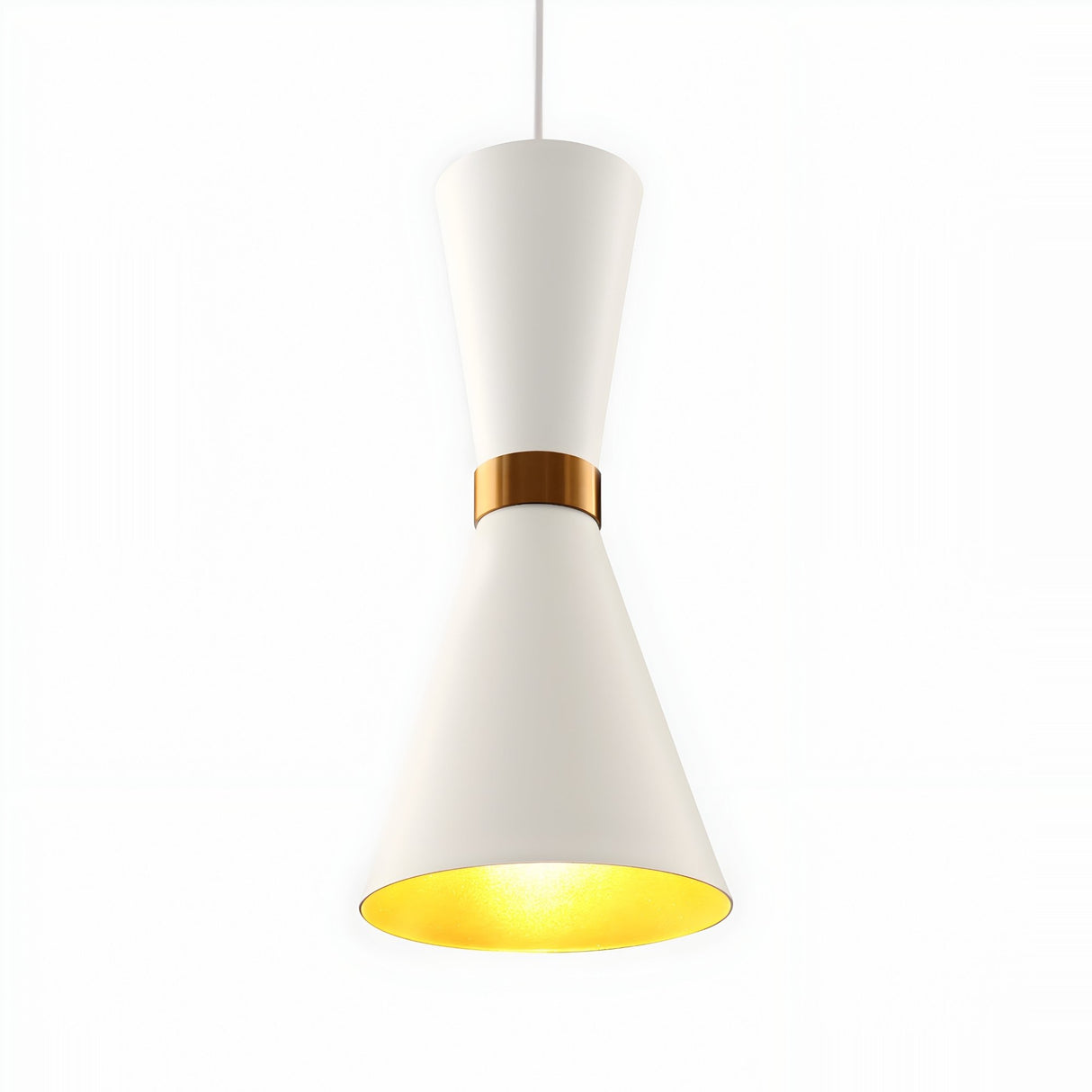 The Ramses Pendant Light - White has a double-cone shape, white exterior, gold accent band, and gold-colored interior—perfect minimalist lighting for contemporary spaces.