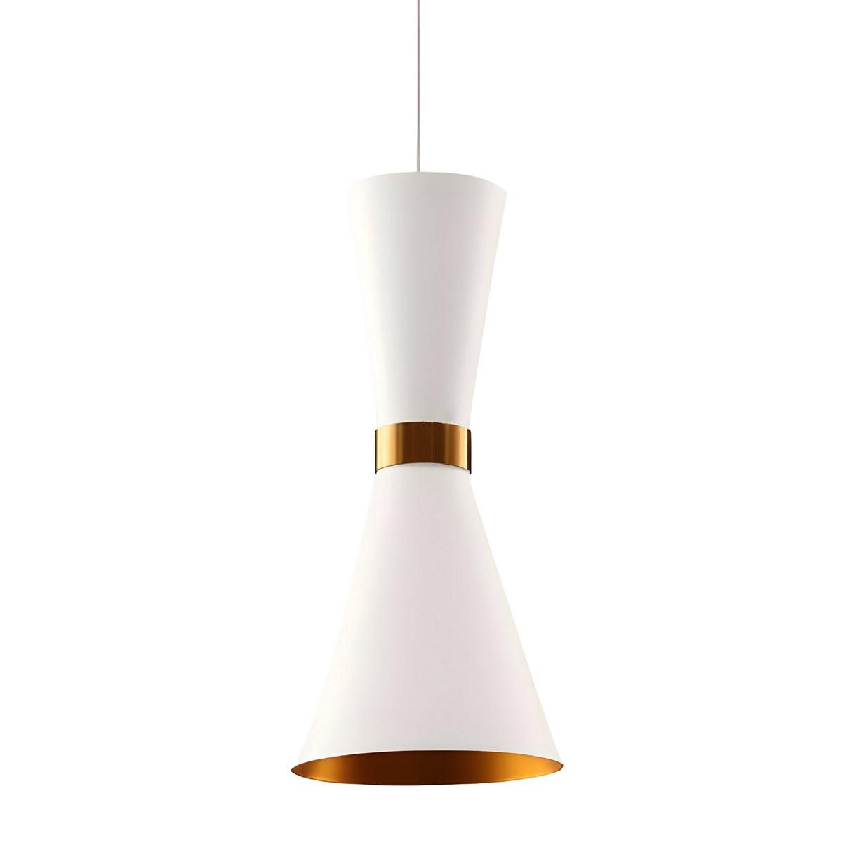 The Ramses Pendant Light - White features a white hourglass-shaped shade with a gold band, suspended by a slim white cord. Its minimalist design and gold inner lower shade make it ideal for contemporary interiors.