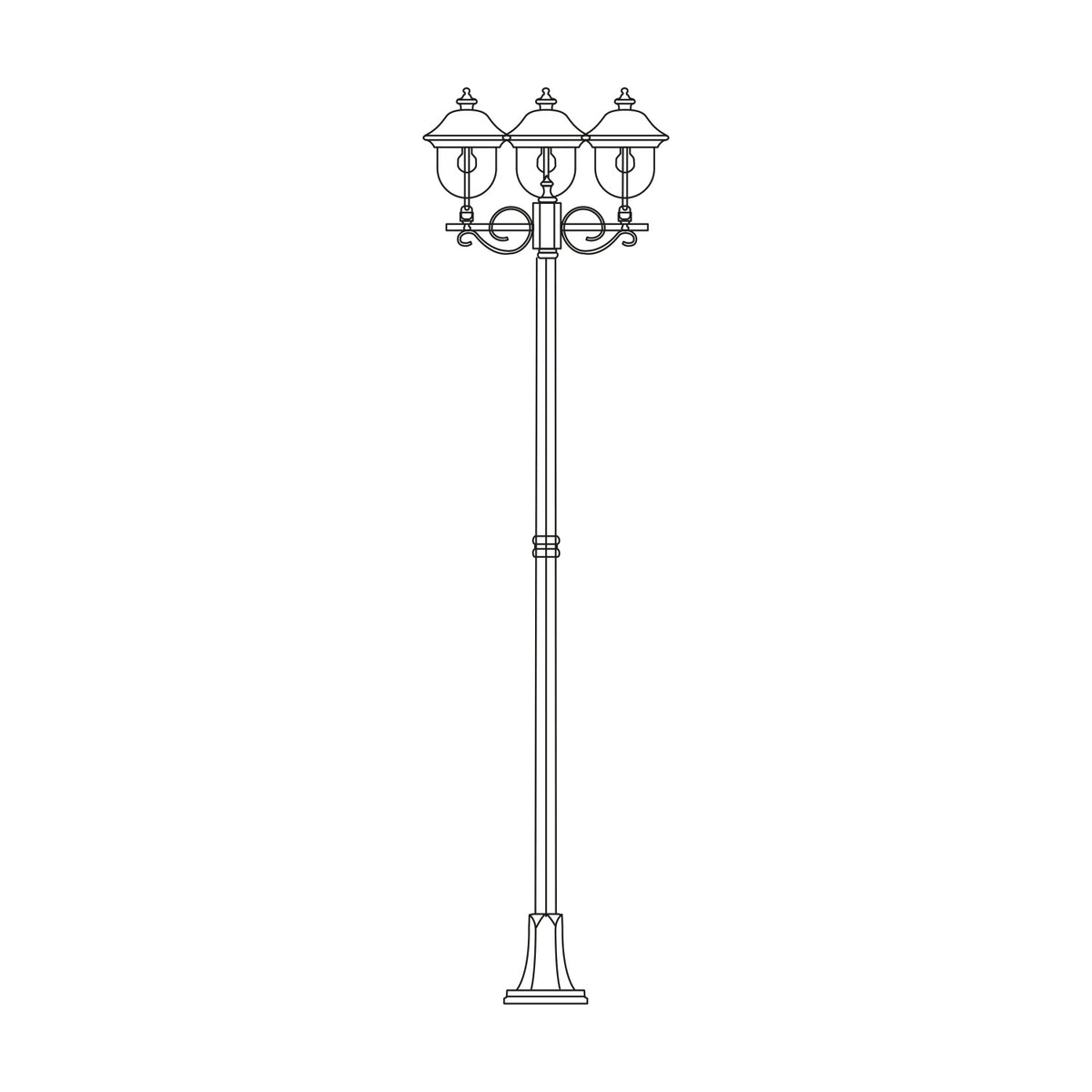 Volute Copper Top Outdoor 3 Light Lamp Post 256cm, a tall traditional column with scrolled brackets and three domed lantern heads on a flange plate base, line illustration on white background.