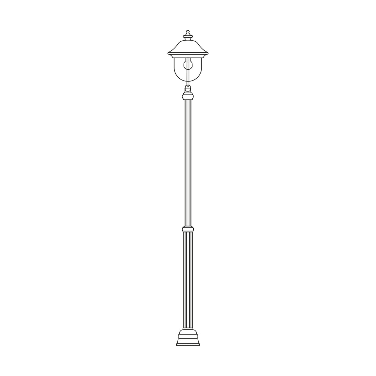 Volute cast aluminium outdoor lamp post, 126-191cm, single lantern head with domed roof, clear polycarbonate lens, fluted column on stepped base, line-drawing style, white background.