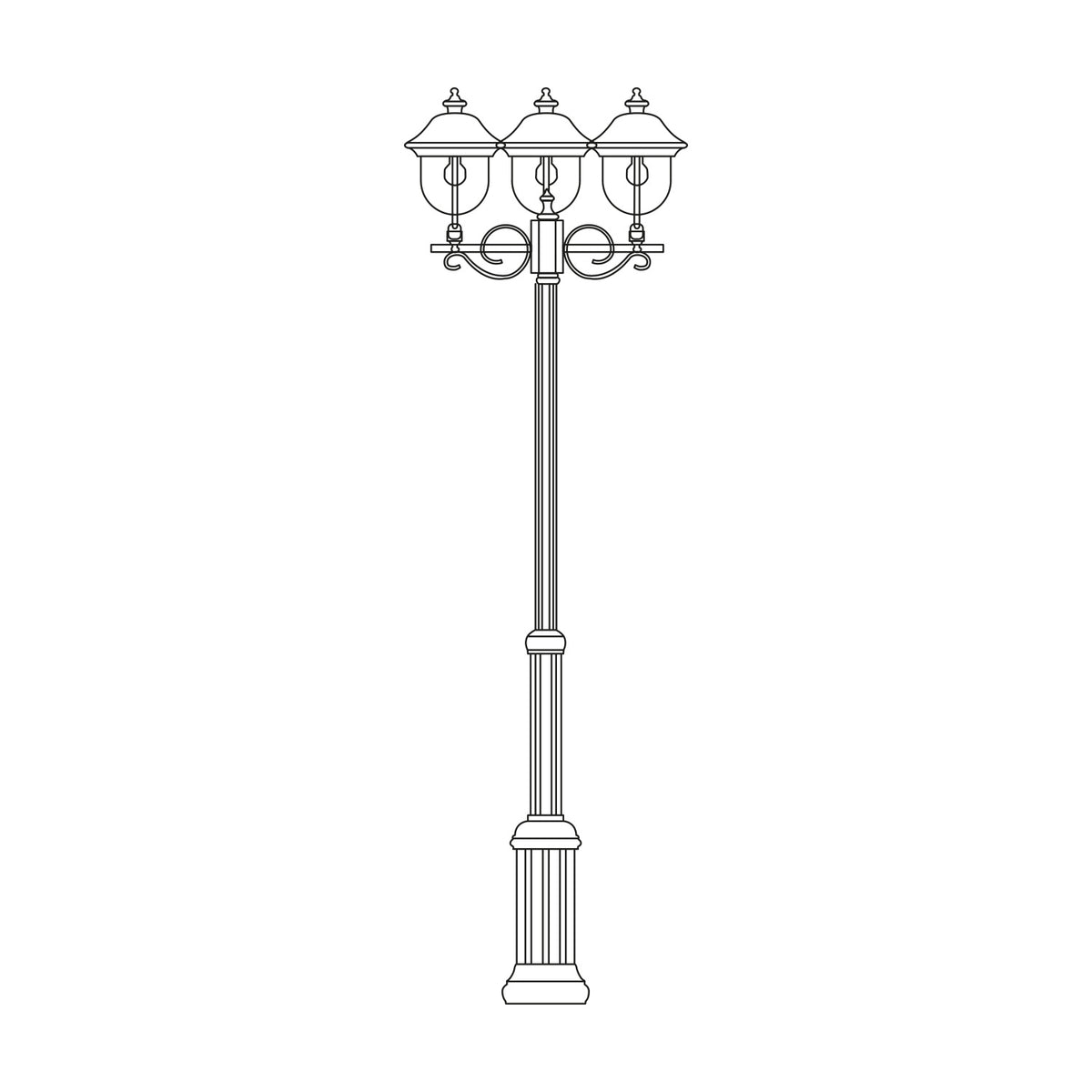 Volute Copper Top Outdoor Adjustable 3 Light Lamp Post, tall cast column with scrolled brackets holding three lantern heads with domed copper-finish roofs, shown on a plain white background.