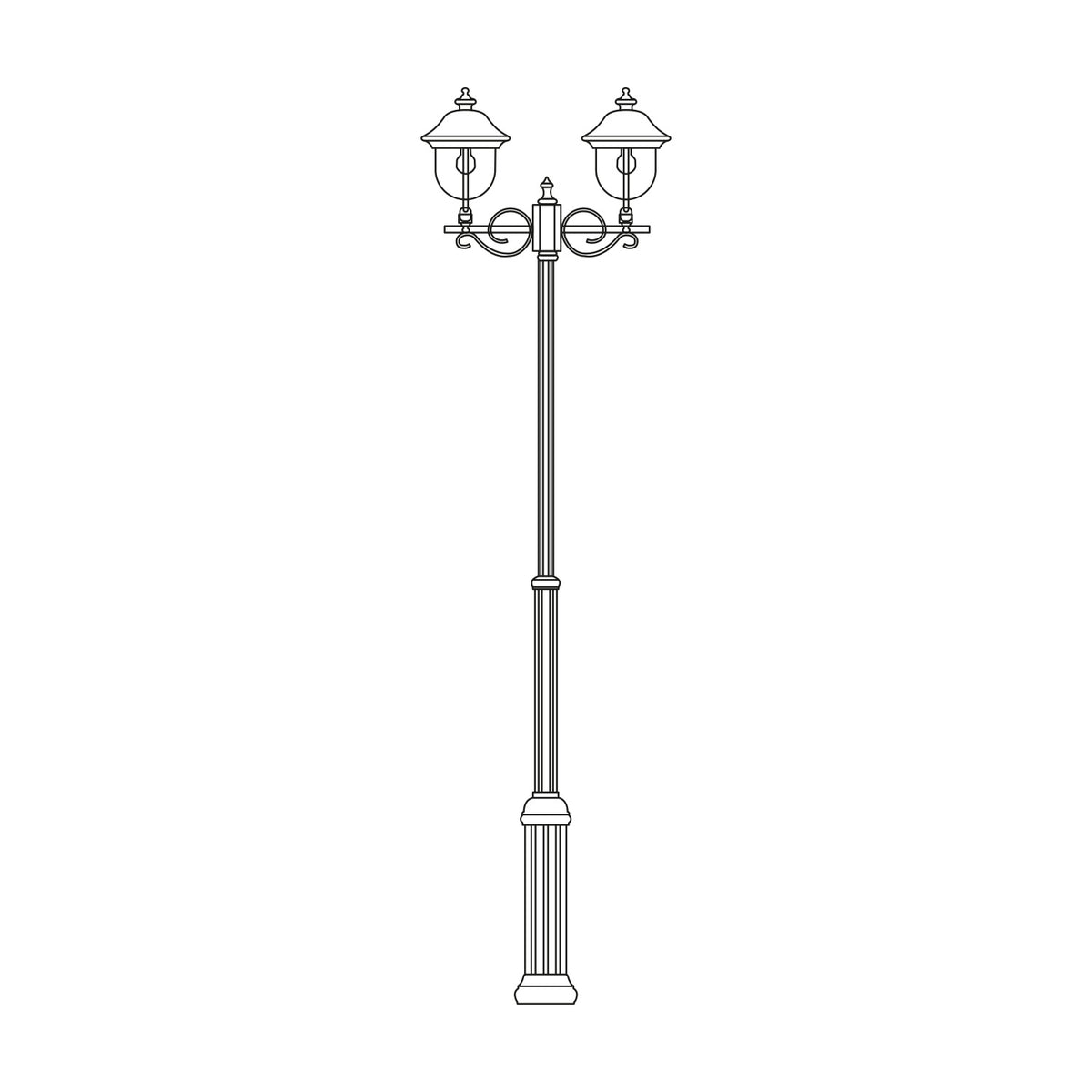 Volute Outdoor 2-Light Lamp Post with scrolled brackets and copper-top lanterns on a fluted column, traditional style, shown on a plain white background.