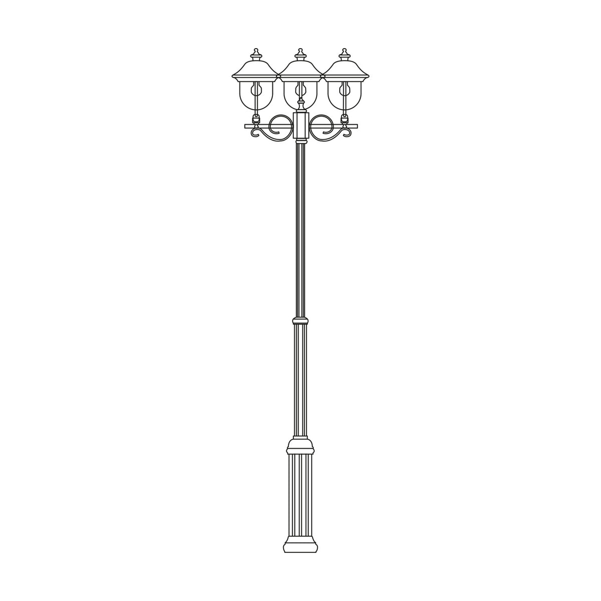 Volute cast aluminium outdoor lamp post with a tall fluted column and 3 lantern heads with scrolled brackets and clear polycarbonate lenses, shown in black on a plain white background.