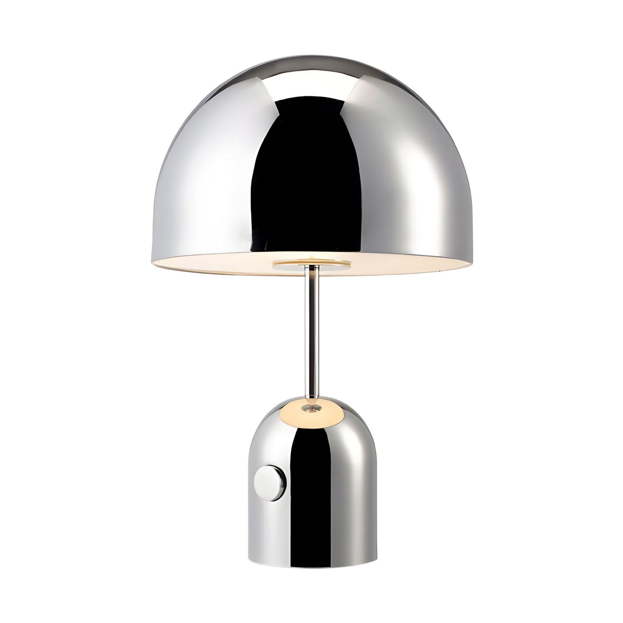 The Rosa Table Lamp - Chrome features a minimalist design with a dome-shaped shade, cylindrical base, and reflective chrome finish—an ideal accent for modern spaces.
