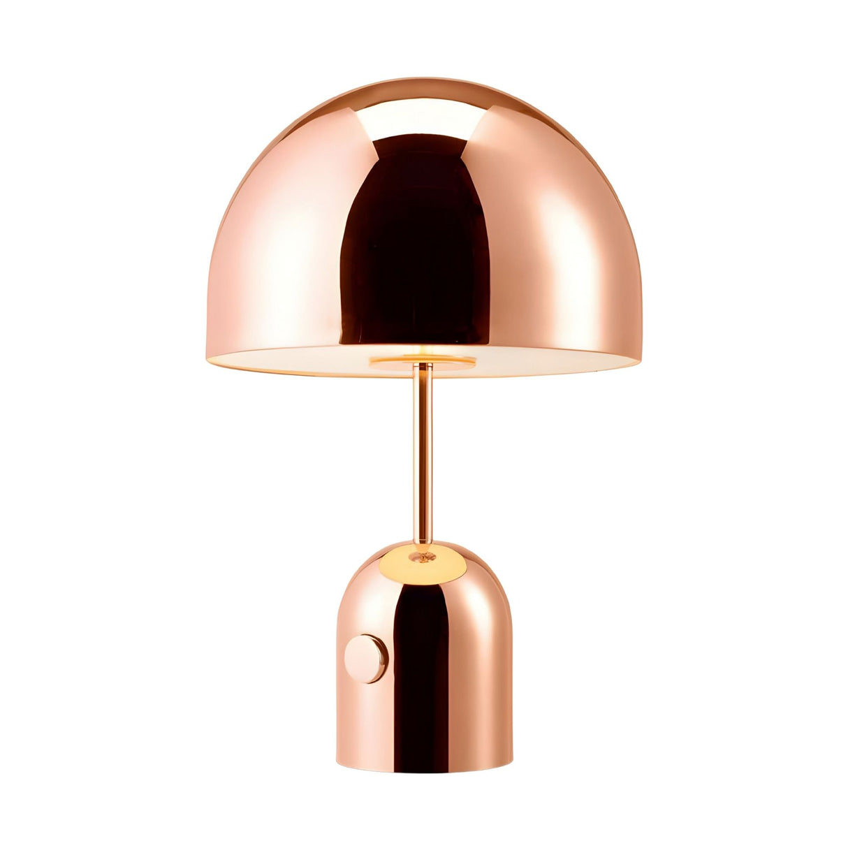 The Rosa Table Lamp - Copper features a shiny rose gold finish with a dome-shaped shade and cylindrical base, showcasing minimalist design against a white background.