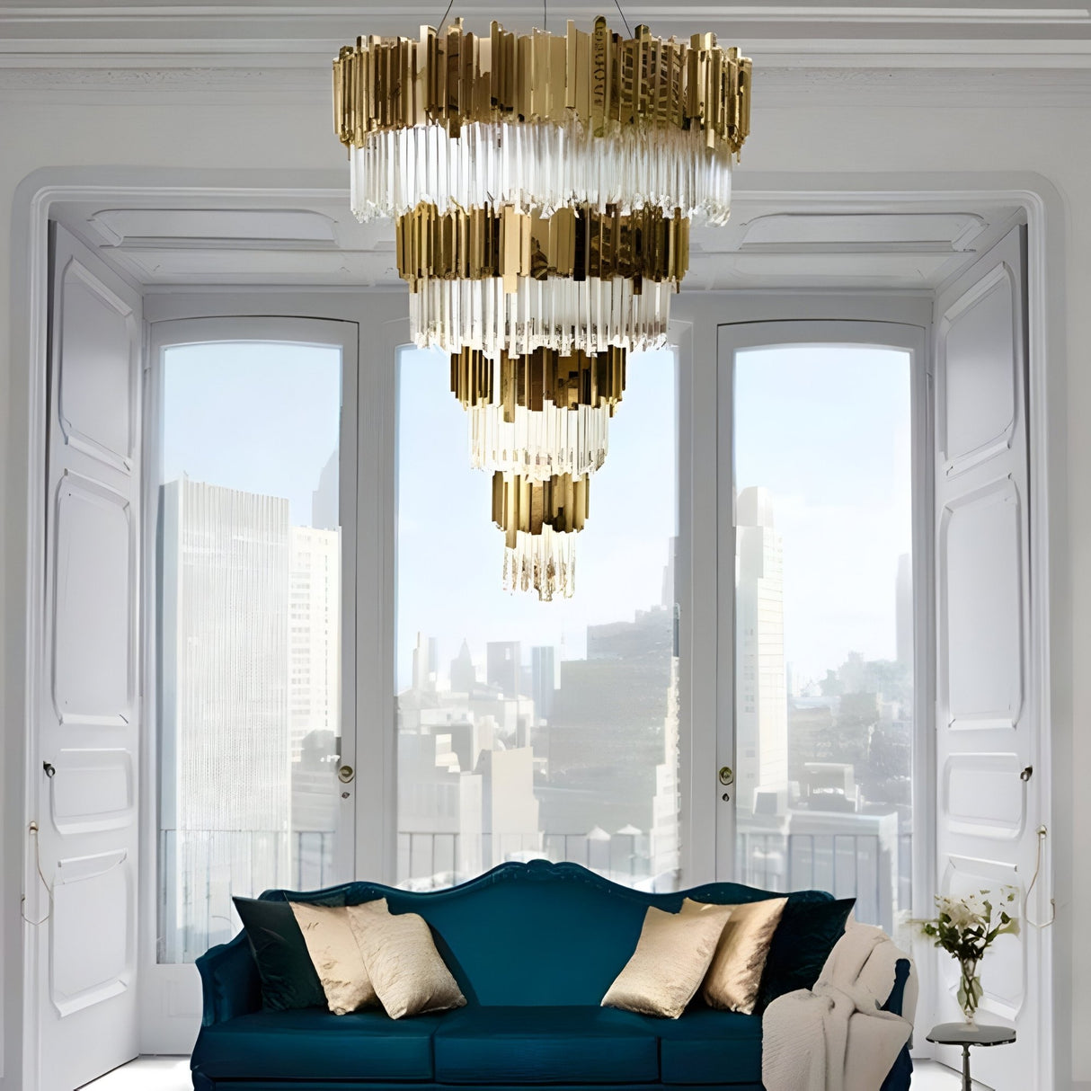 A luxurious living room featuring the Royal 30-53 Light Crystal Chandelier in gold, a blue velvet sofa with gold and white cushions, and tall windows overlooking a city skyline for the perfect luxury lighting touch.