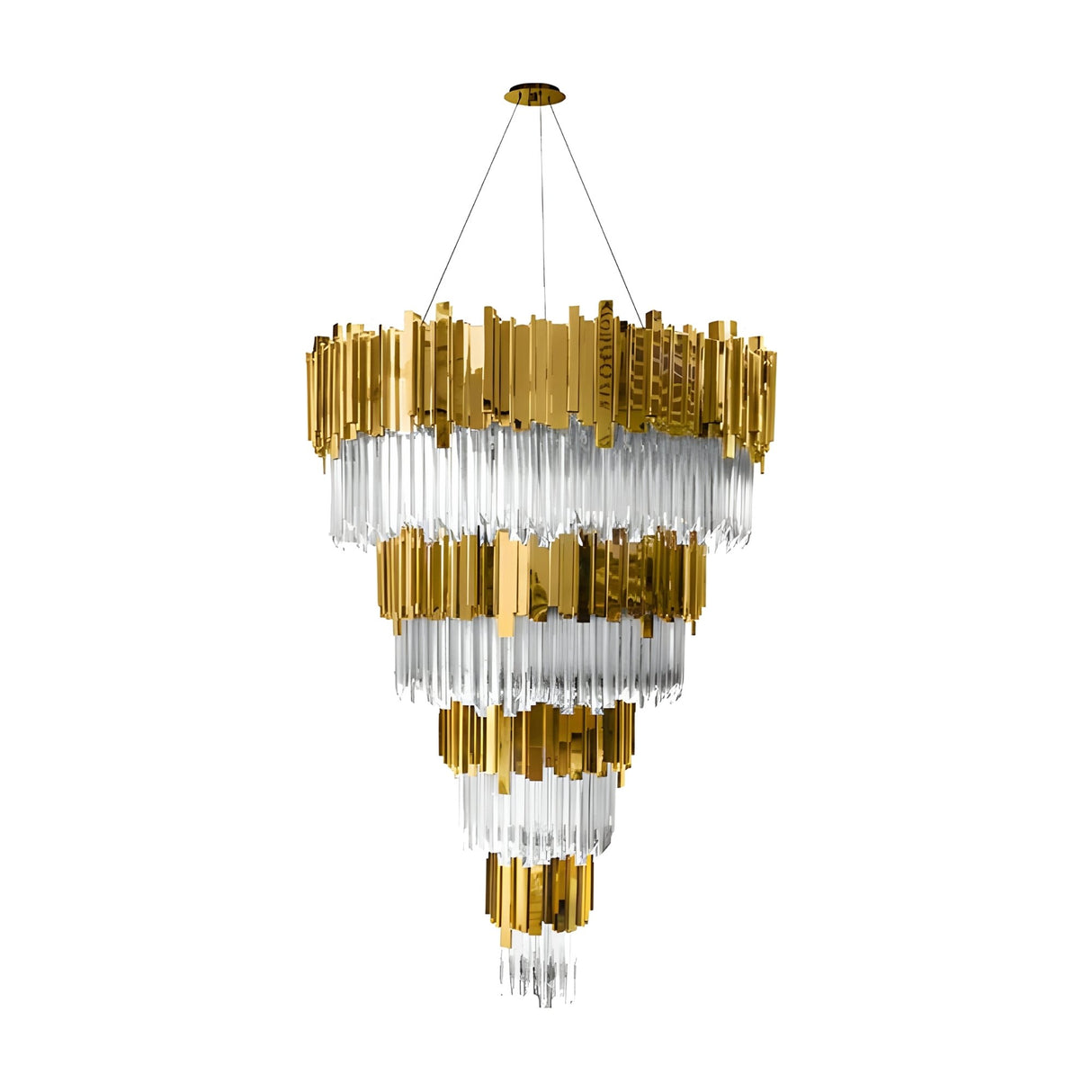 The Royal 30-53 Light Crystal Chandelier - Gold features a gold finish, clear glass elements, and hangs by three wires from a gold mount. Its cascading layers create an elegant inverted cone, ideal for luxury lighting.