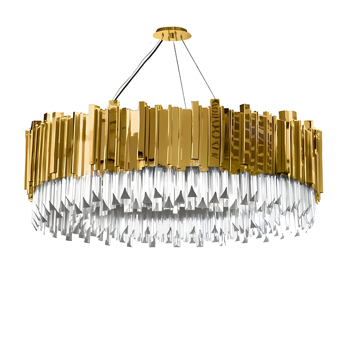 The Royal 6-12 Crystal Light Chandelier - Gold features a modern yet timeless design with a luxurious gold finish, sparkling silver crystal-like prisms, and is elegantly suspended by three thin cables from a round ceiling mount.