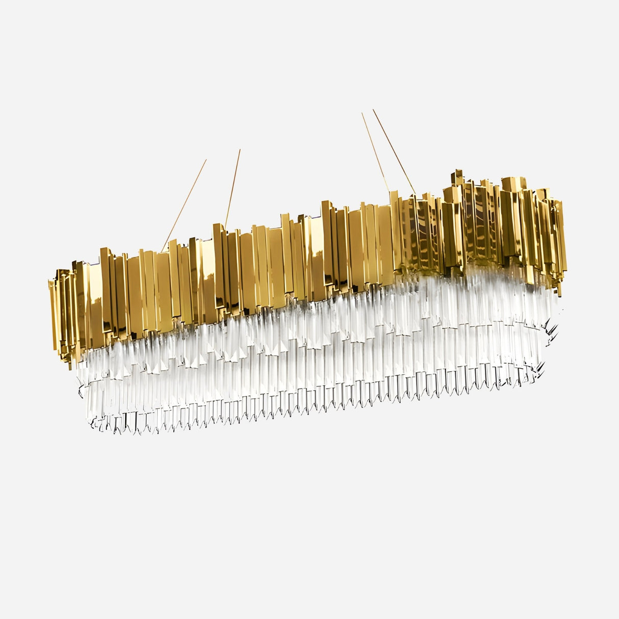 The Royal 8-16 Light Crystal Chandelier – Gold features layered panels and clear prisms suspended by thin wires, creating a luxurious, modern statement piece that elevates any interior.
