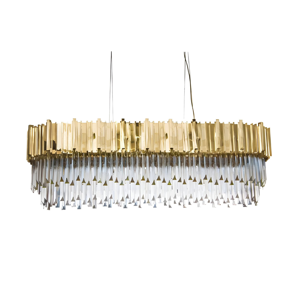 The Royal 8-16 Light Crystal Chandelier - Gold features multiple clear glass prisms and a gold finish, suspended by four thin wires, adding elegance to luxury interiors against a white background.