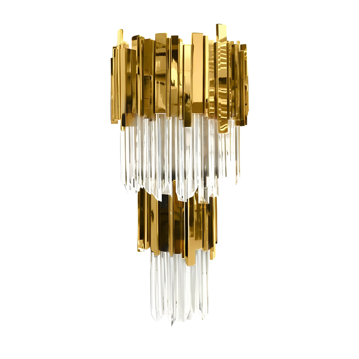 The Royal Crystal Wall Light - Gold features layered gold finish panels and clear crystal accents, creating a modern and luxurious cascading design.