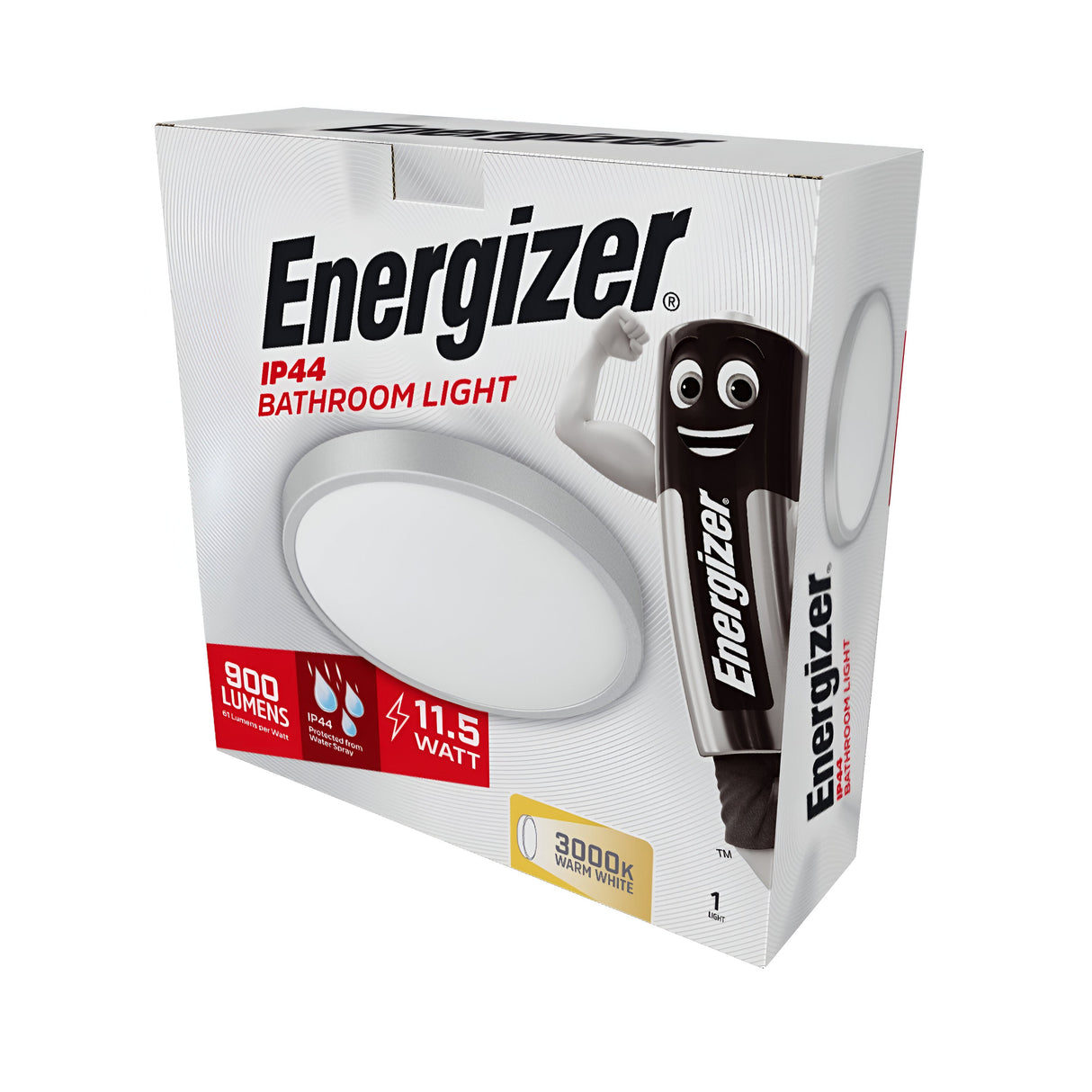 The packaging for the Energizer LED Flush Light 11.5W 3000K - White highlights a smiling battery character and emphasizes its energy-efficient design. The box presents key product details: 900 lumens, 11.5 watts, and 3000K warm white light.