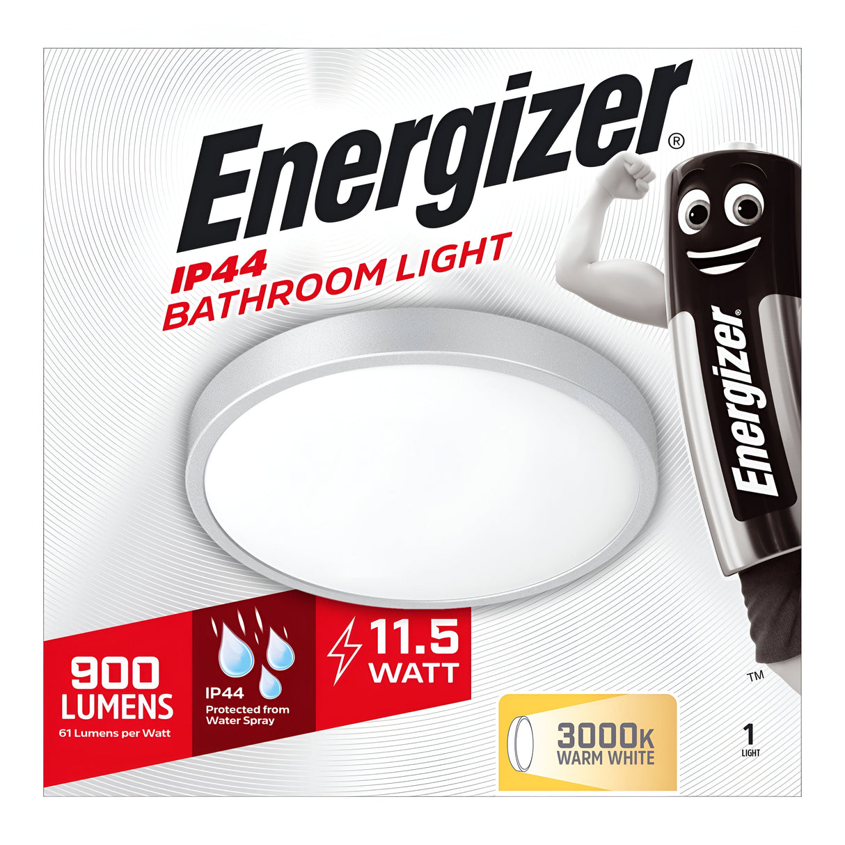 Packaging for an Energizer LED Flush Light 11.5W 3000K - White. This energy-efficient bathroom light outputs 900 lumens while consuming just 11.5 watts, providing protection against water spray and emitting a cozy warm white glow at 3000K. The package is adorned with the recognizable Energizer battery mascot on the right side for a familiar touch.