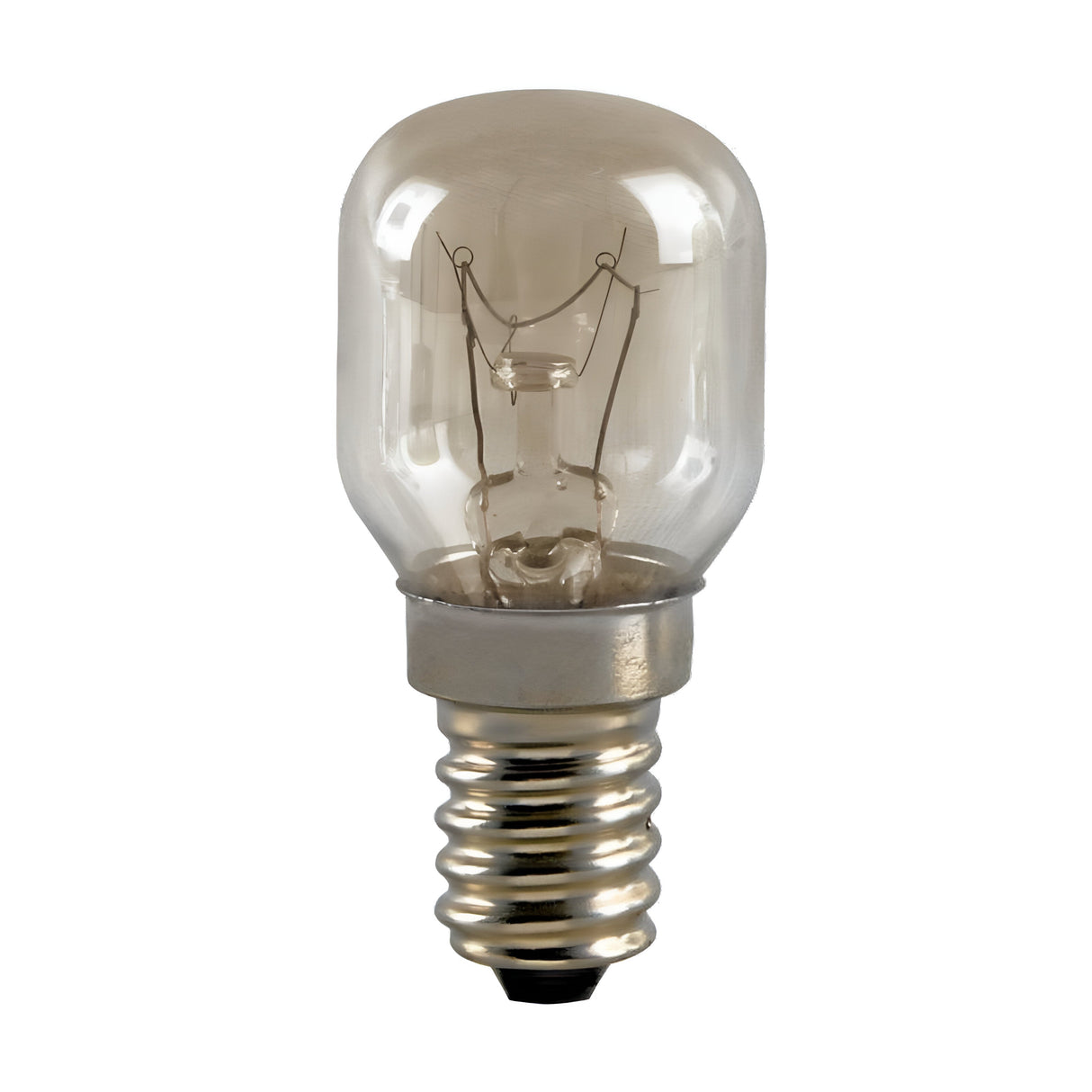 A clear, small incandescent bulb with a thin filament and rounded glass top, featuring a metallic silver E14 screw base that stands out against the transparent glass. The Eveready 15W Non-dimmable Oven Bulb is heat resistant up to 300°C and provides a warm 2800K light, making it ideal for high-performance kitchen appliances.