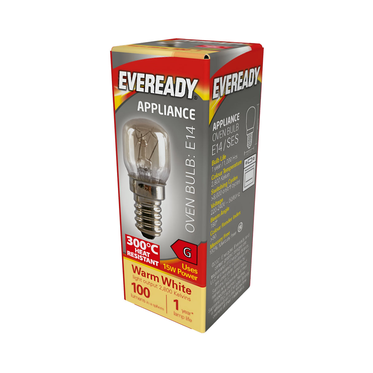 The image shows a package of the Eveready 15W non-dimmable oven bulb, which is heat resistant up to 300°C. This E14 SES bulb emits 100 lumens of warm white light at 2800K, designed for high-performance kitchen appliances and providing a lifespan of 1000 hours.
