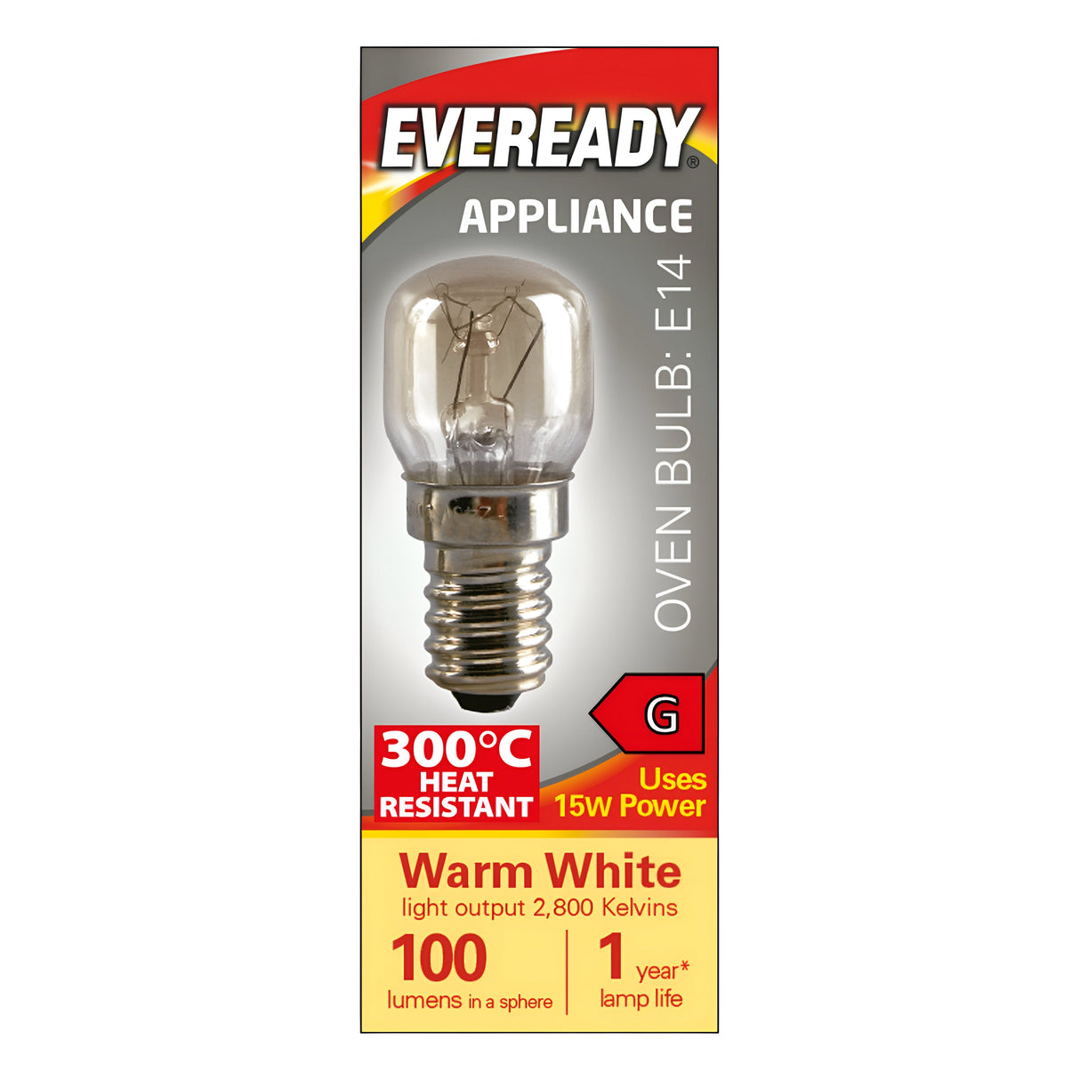Image of an Eveready 15W Non-dimmable Oven Bulb. This high-performance kitchen appliance is heat resistant up to 300°C, compatible with E14 sockets, and emits light at 2800 Kelvin using 15W of power. It provides 100 lumens with a warm white glow and has a lamp life of one year.