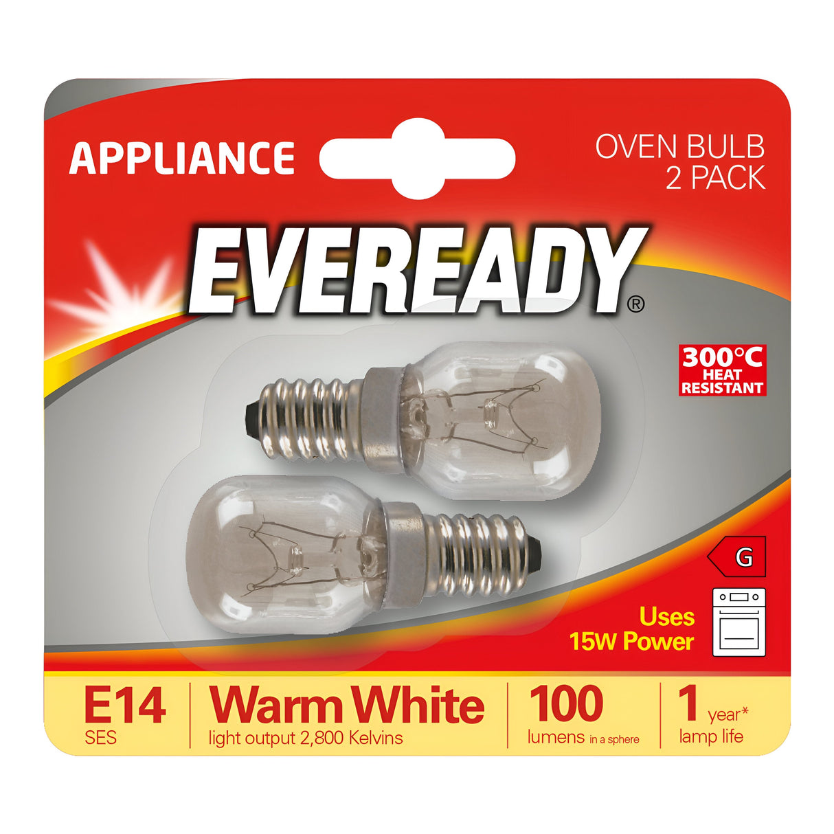 The Eveready 15W Non-dimmable Oven Bulb, labeled as E14 with a warm white light output of 2800K at 100 lumens, comes in a pack of two. These high-performance incandescent bulbs are heat resistant up to 300°C and designed for a lifespan of one year, making them ideal for appliances. The packaging features an eye-catching design in vibrant red and orange.
