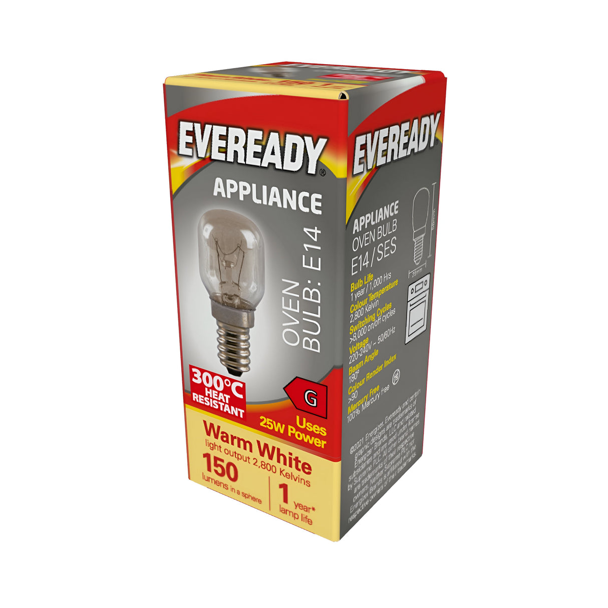 A box of Eveready 25W non-dimmable oven bulbs includes a durable incandescent bulb with an E14 base, designed to withstand heat up to 300°C. It provides warm white light at 2800 Kelvin with an output of 150 lumens, ensuring a lifespan of one year and carries an energy rating of G.