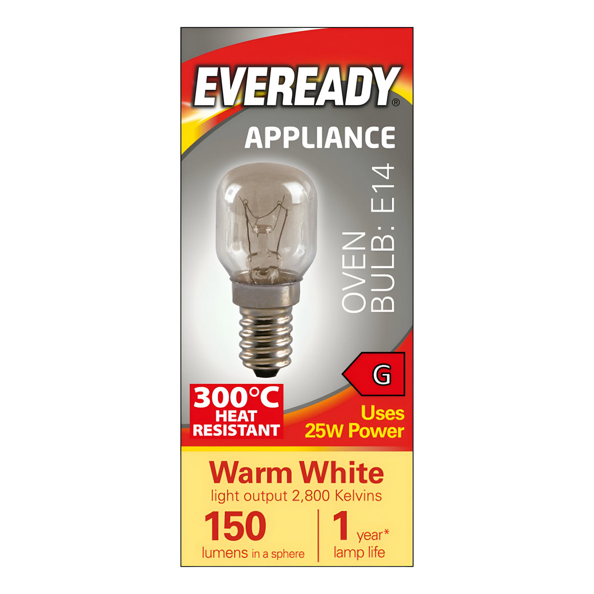 The Eveready 25W Non-dimmable Oven Bulb with an E14 base is designed to withstand temperatures up to 300°C. It features an incandescent design that emits warm white light at 2800K, producing a spherical brightness of 150 lumens and offering a lifespan of one year.