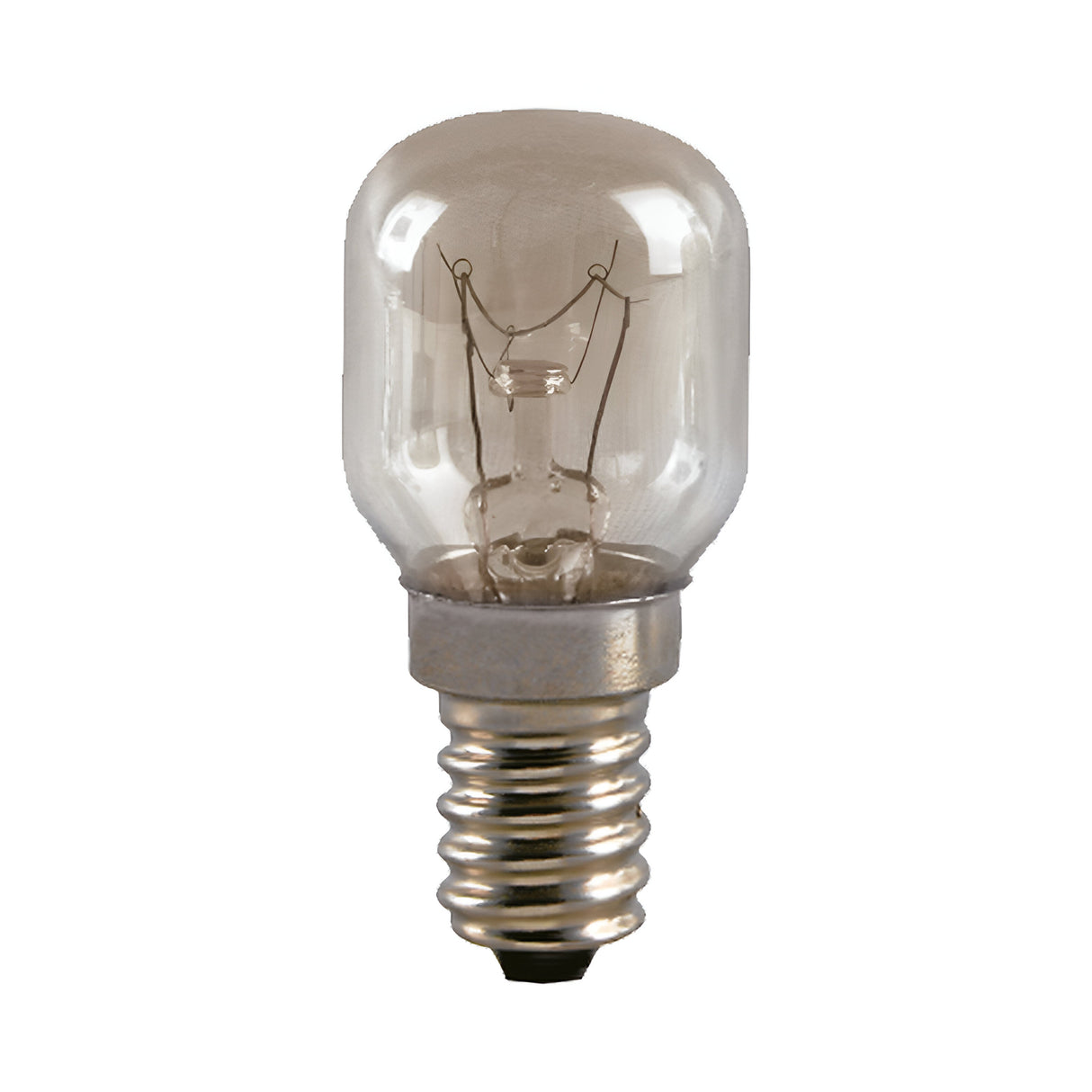 The Eveready 25W Non-dimmable Oven Bulb is a compact, heat-resistant bulb with a visible filament inside clear glass and features a small metallic E14 screw base. Its rounded design makes it perfect for small fixtures, appliances, or use as an oven bulb.