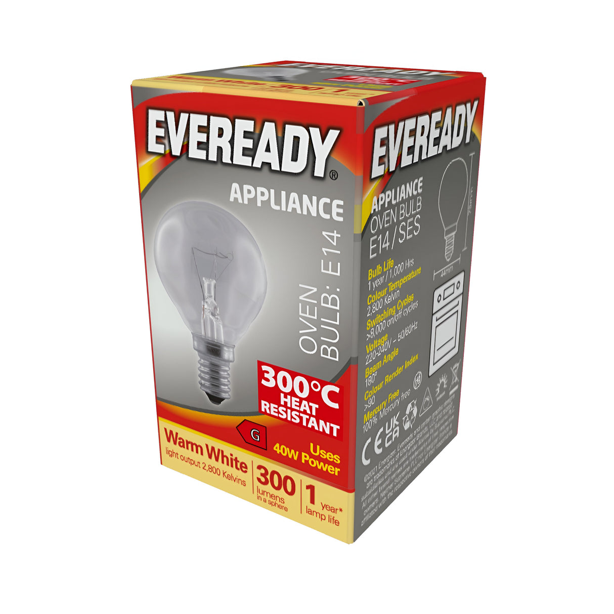 Image of an Eveready 40W Non-dimmable Oven Bulb box, featuring its E14 base and heat-resistant design for temperatures up to 300°C. The predominantly red and gray packaging highlights its Warm White 2800K light output with 300 lumens, ideal for culinary use.