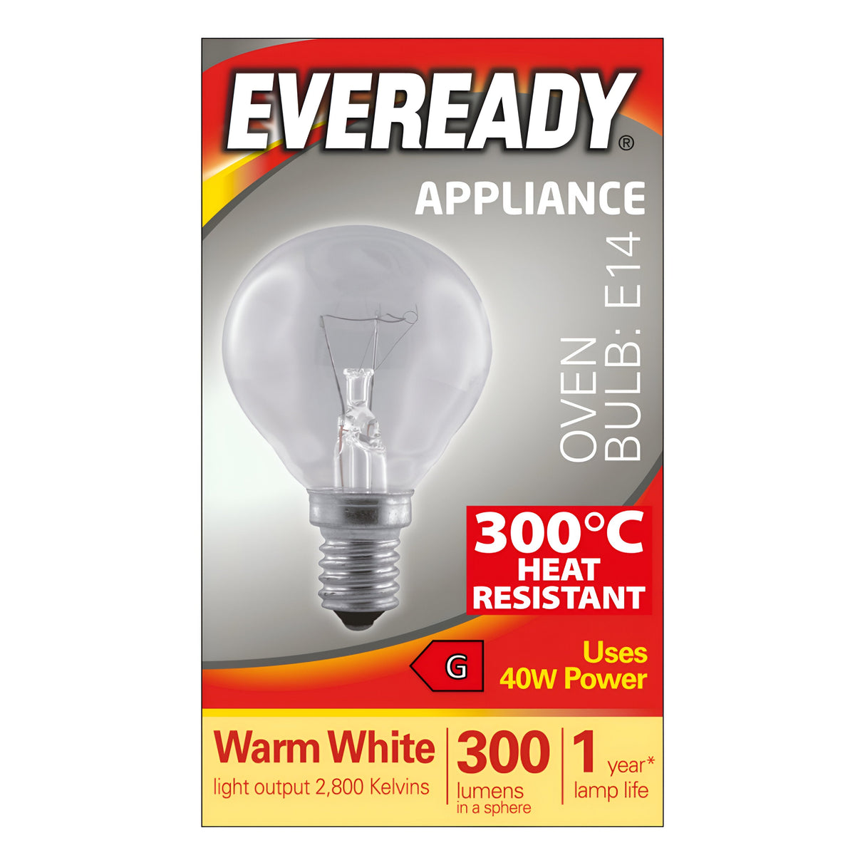 Introducing the Eveready 40W Non-dimmable Oven Bulb, designed with an E14 base, capable of withstanding temperatures up to 300°C. It emits a warm white light at 2,800 Kelvins and produces 300 lumens. With a lamp life of one year, this bulb is perfect for oven use.