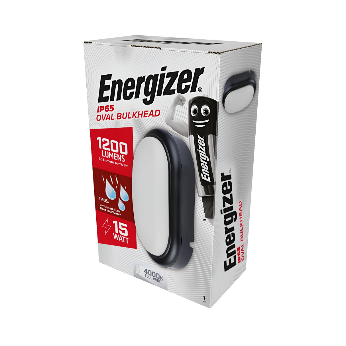 The packaging for the Energizer Outdoor 15W PIR LED Oval Bulkhead 4000K - Black highlights premium outdoor lighting. Featuring 1200 lumens, a power consumption of 15 watts, water-resistant capabilities, and a bright 4000K daylight color temperature, this product guarantees dependable performance. The box showcases vivid illustrations that emphasize its key features.