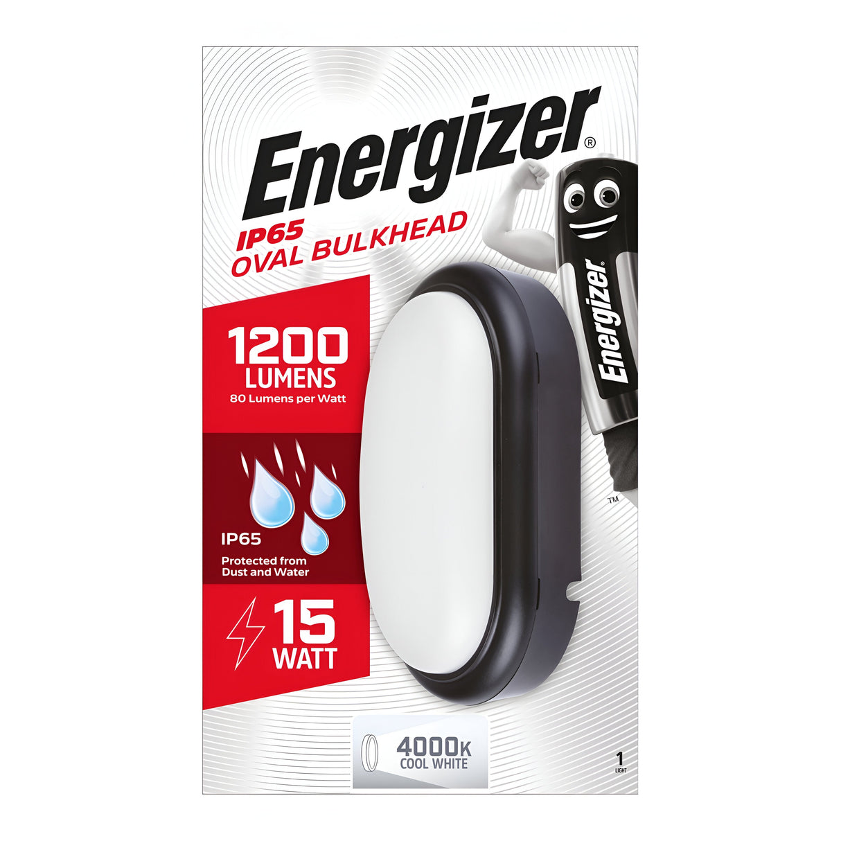 Packaging for the Energizer Outdoor 15W PIR LED Oval Bulkhead in Black, offering a cool white light of 4000K with 1200 lumens. Ideal for outdoor lighting, it features icons indicating protection against dust and water, along with the iconic Energizer logo and a battery mascot illustration.