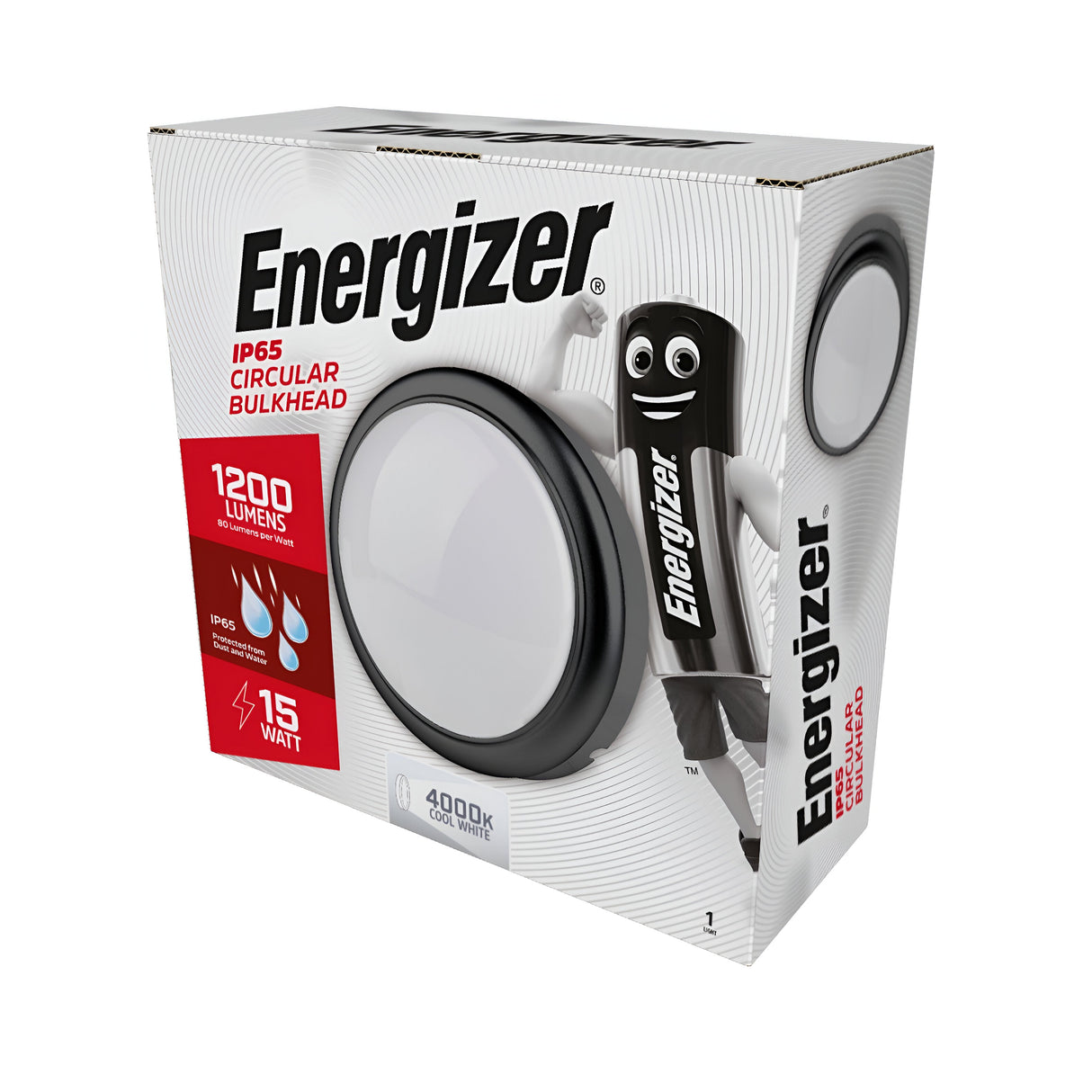 The image showcases the packaging for the Energizer Outdoor 14W LED Round Bulkhead 4000K - Black, emphasizing energy-efficient lighting. The box displays a smiling battery character and highlights features such as 1200 lumens brightness, consuming 15 watts, and providing cool white light at 4000K.